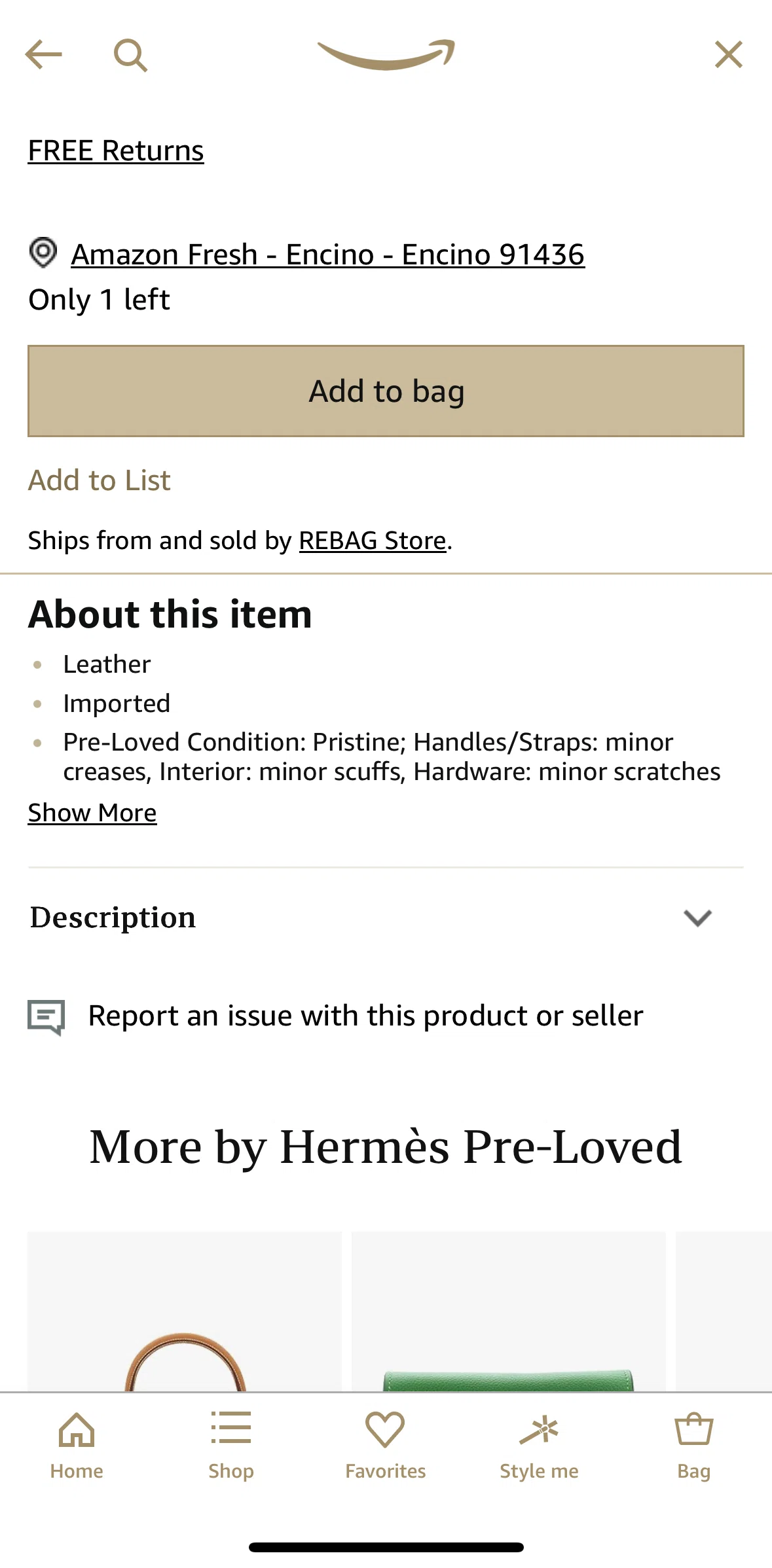 Amazon Shopping Screen screen in the Adding to bag (Luxury Stores) flow