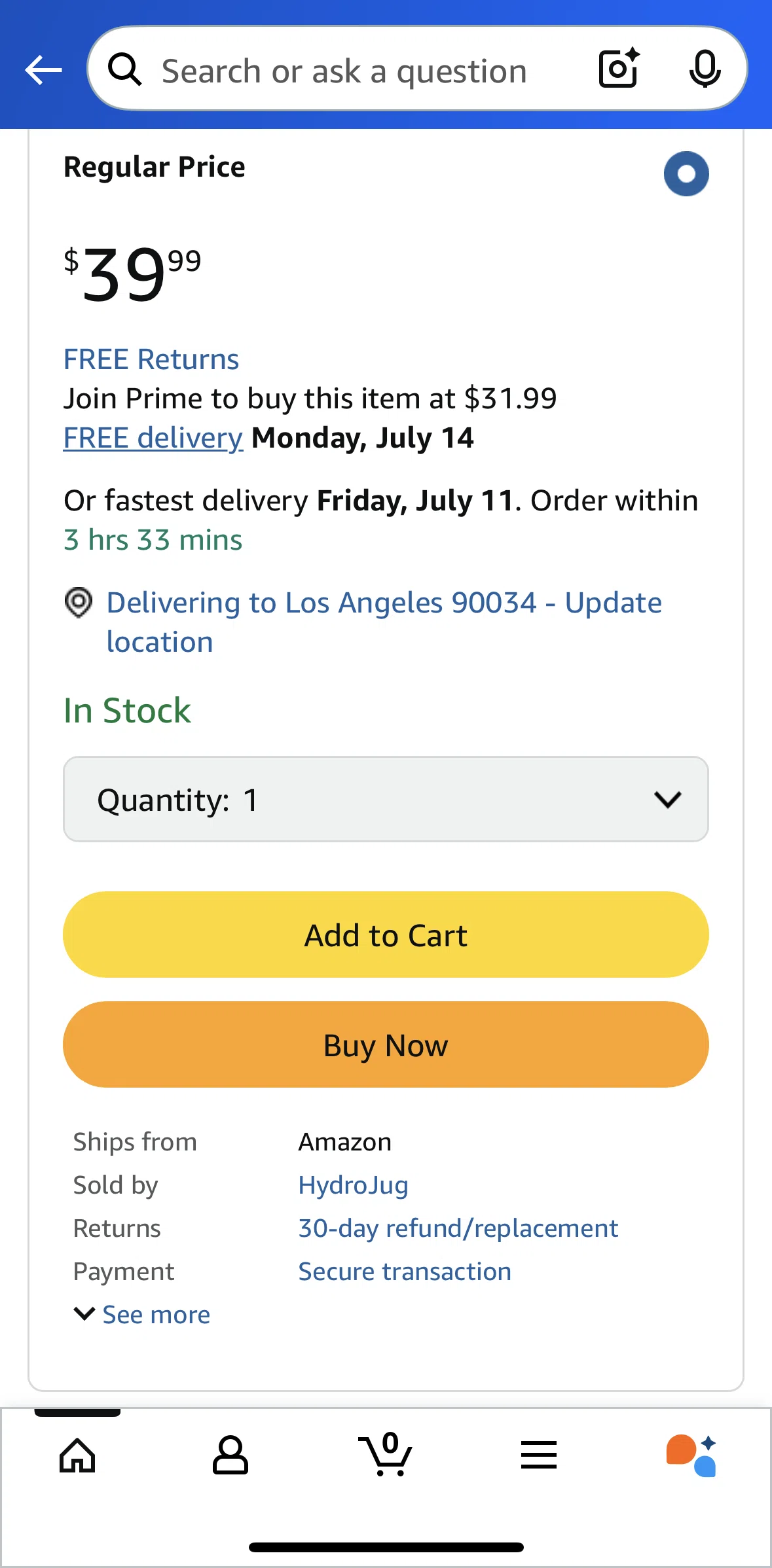 Amazon Shopping Screen screen in the Adding to cart flow