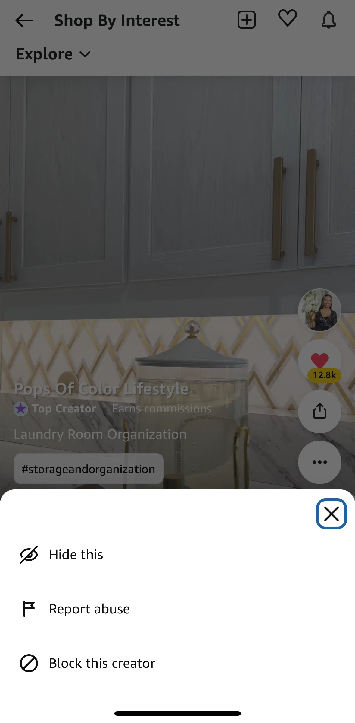 Amazon Shopping Screen screen in the Blocking a creator flow