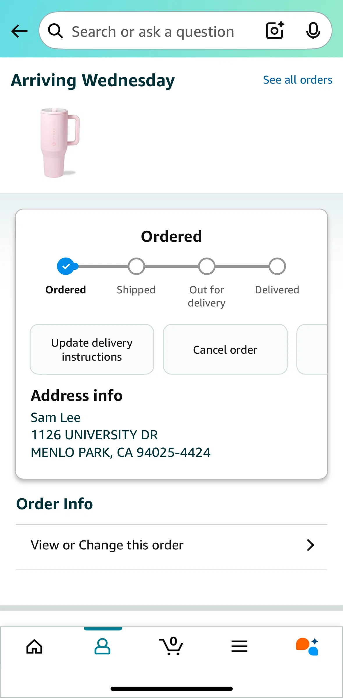 Amazon Shopping Screen screen in the Canceling an order flow