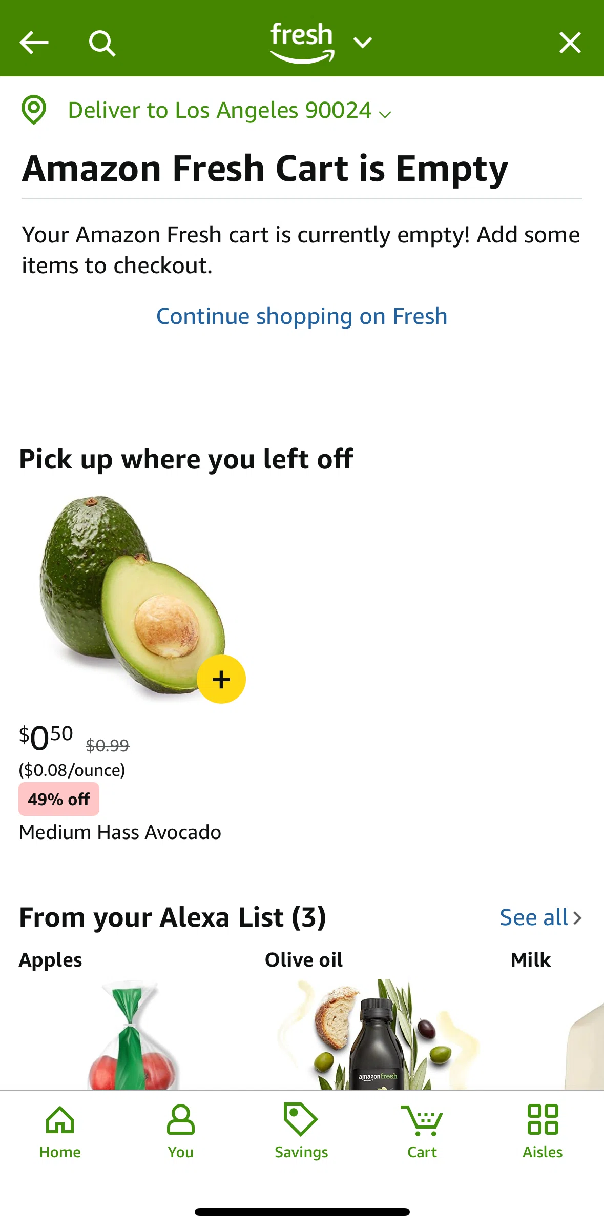 Amazon Shopping Screen screen in the Cart (Amazon Fresh) flow