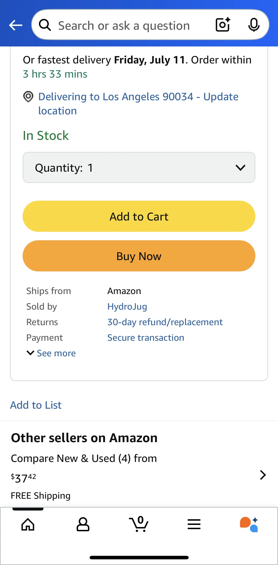 Amazon Shopping Screen screen in the Comparing to other sellers flow