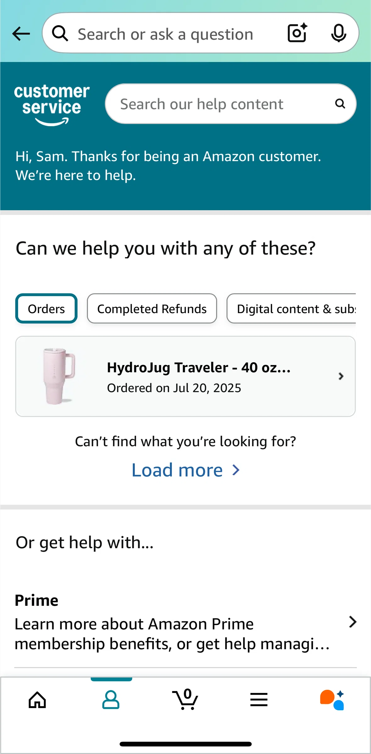 Amazon Shopping Screen screen in the Contacting customer service flow