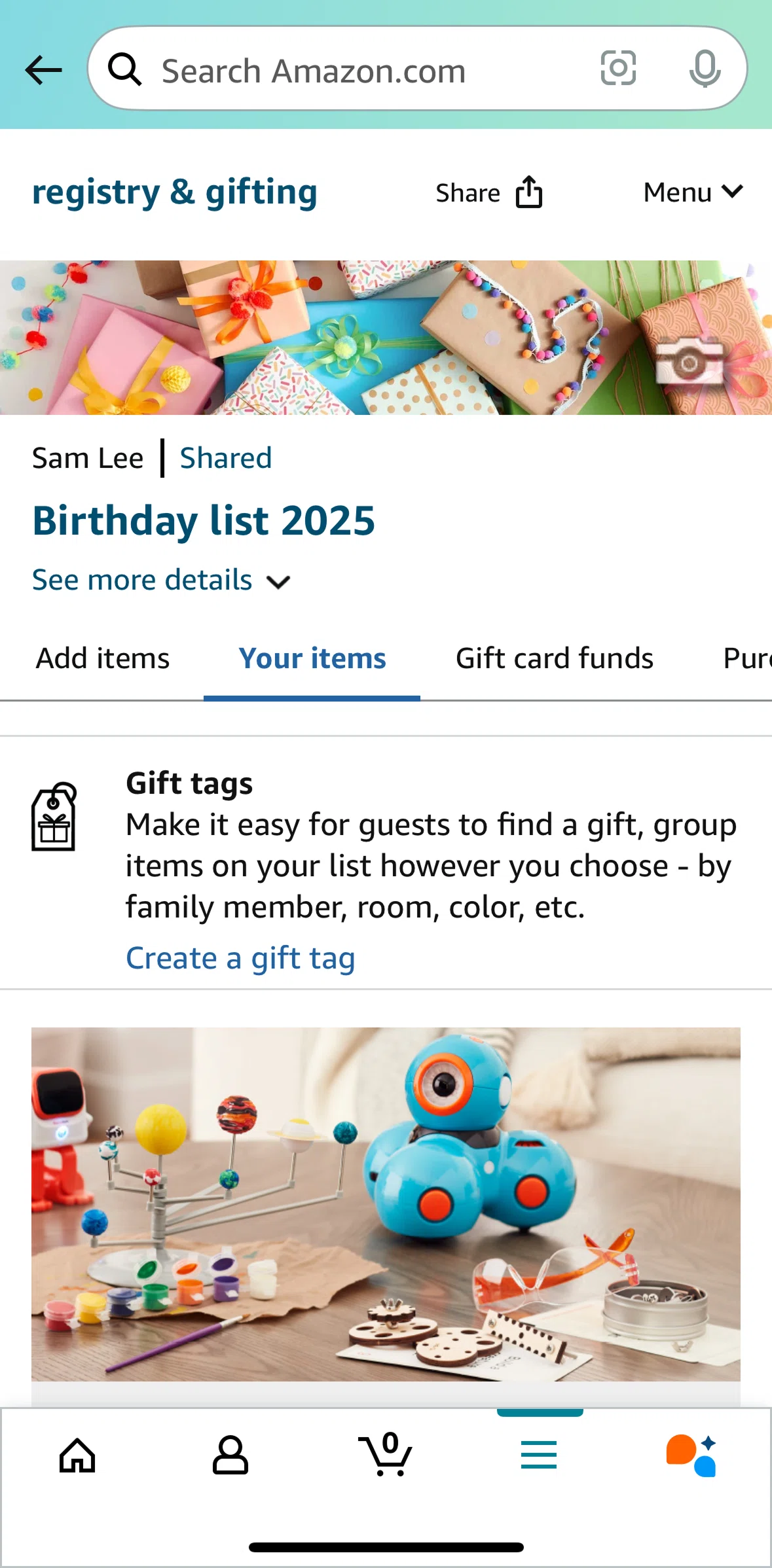 Amazon Shopping Screen screen in the Creating a gift tag flow