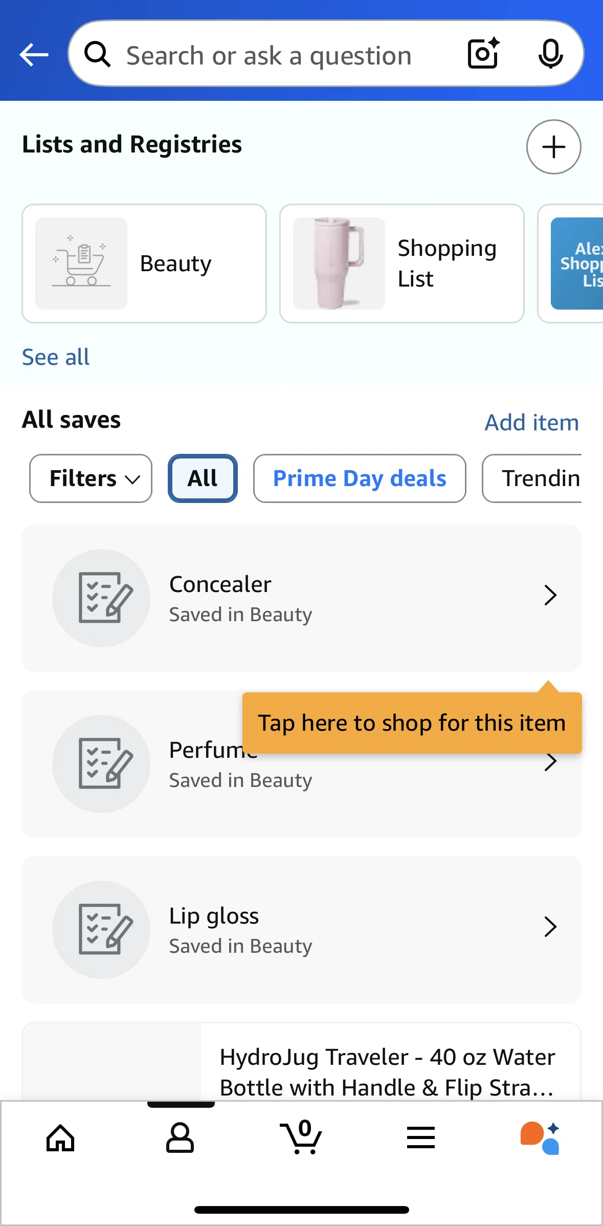 Amazon Shopping Screen screen in the Creating a list flow