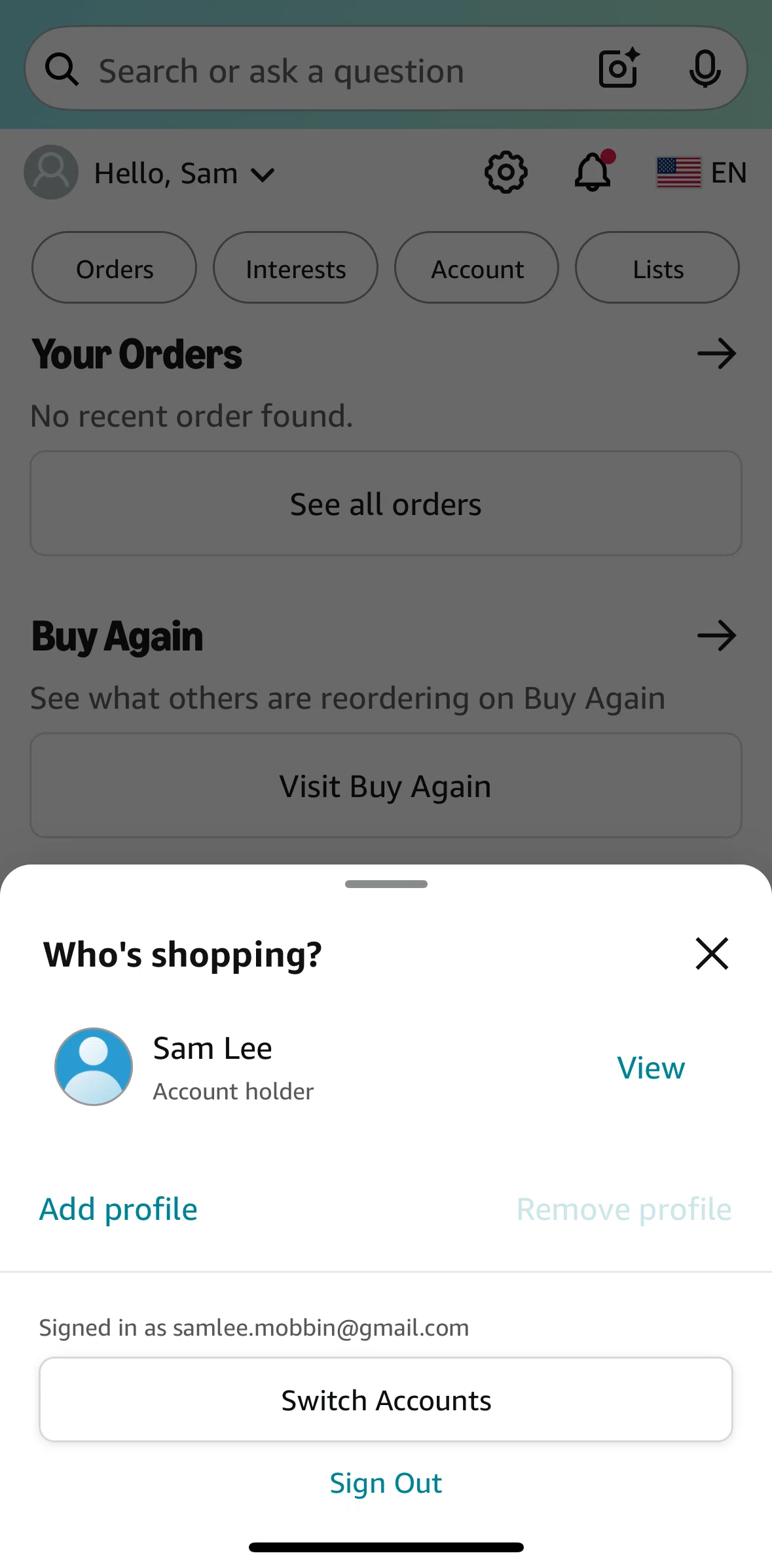 Amazon Shopping Screen screen in the Creating a profile flow