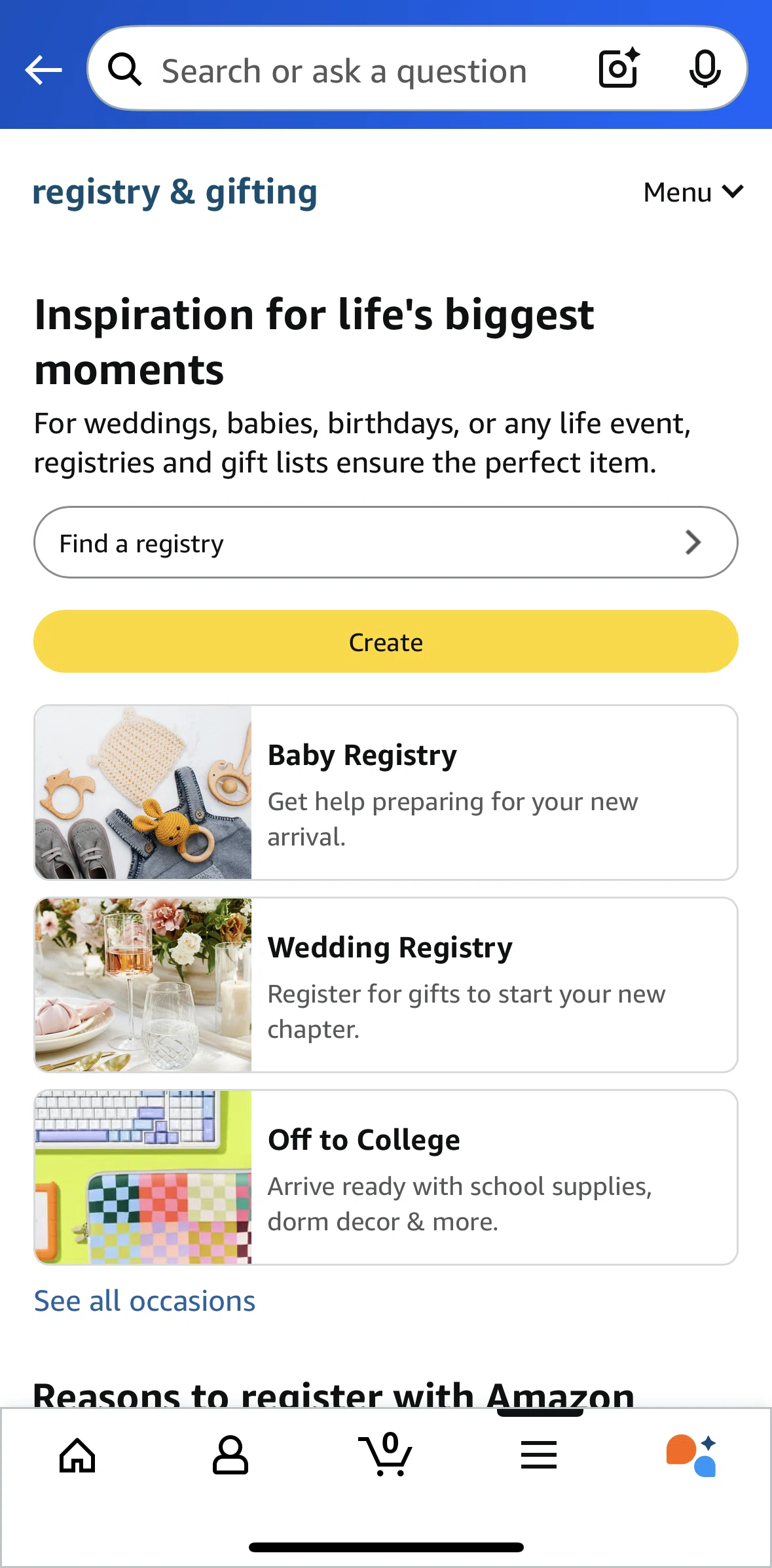 Amazon Shopping Screen screen in the Creating a registry flow