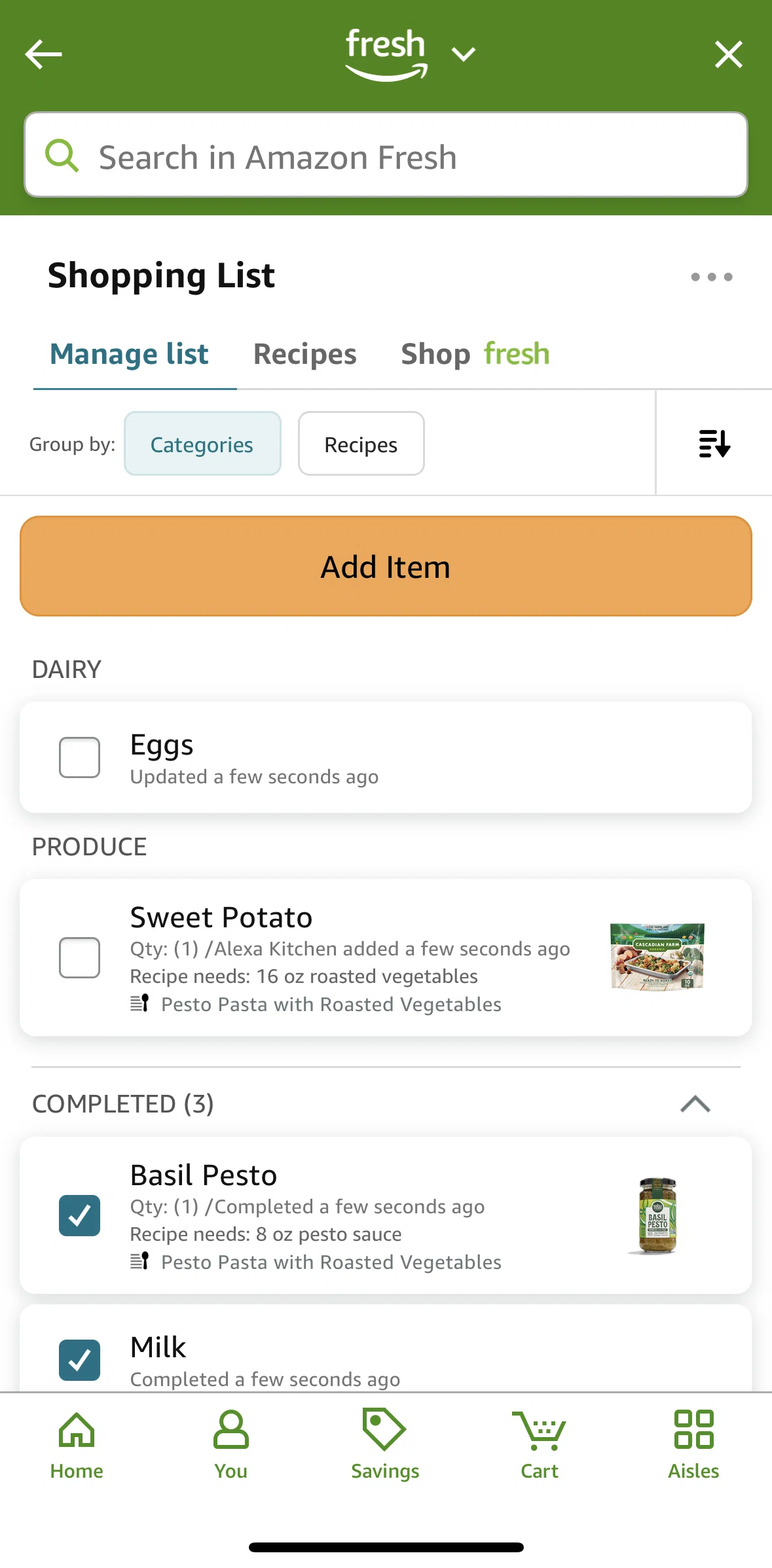 Amazon Shopping Screen screen in the Deleting an ingredient flow
