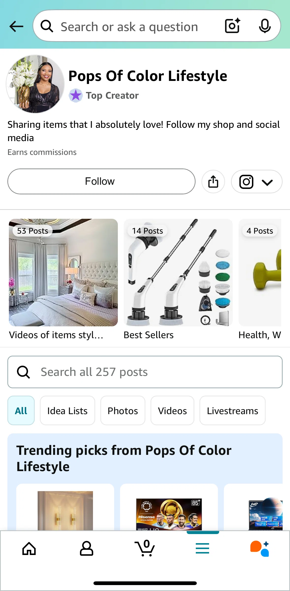 Amazon Shopping Screen screen in the Following a creator (Shop By Interest) flow
