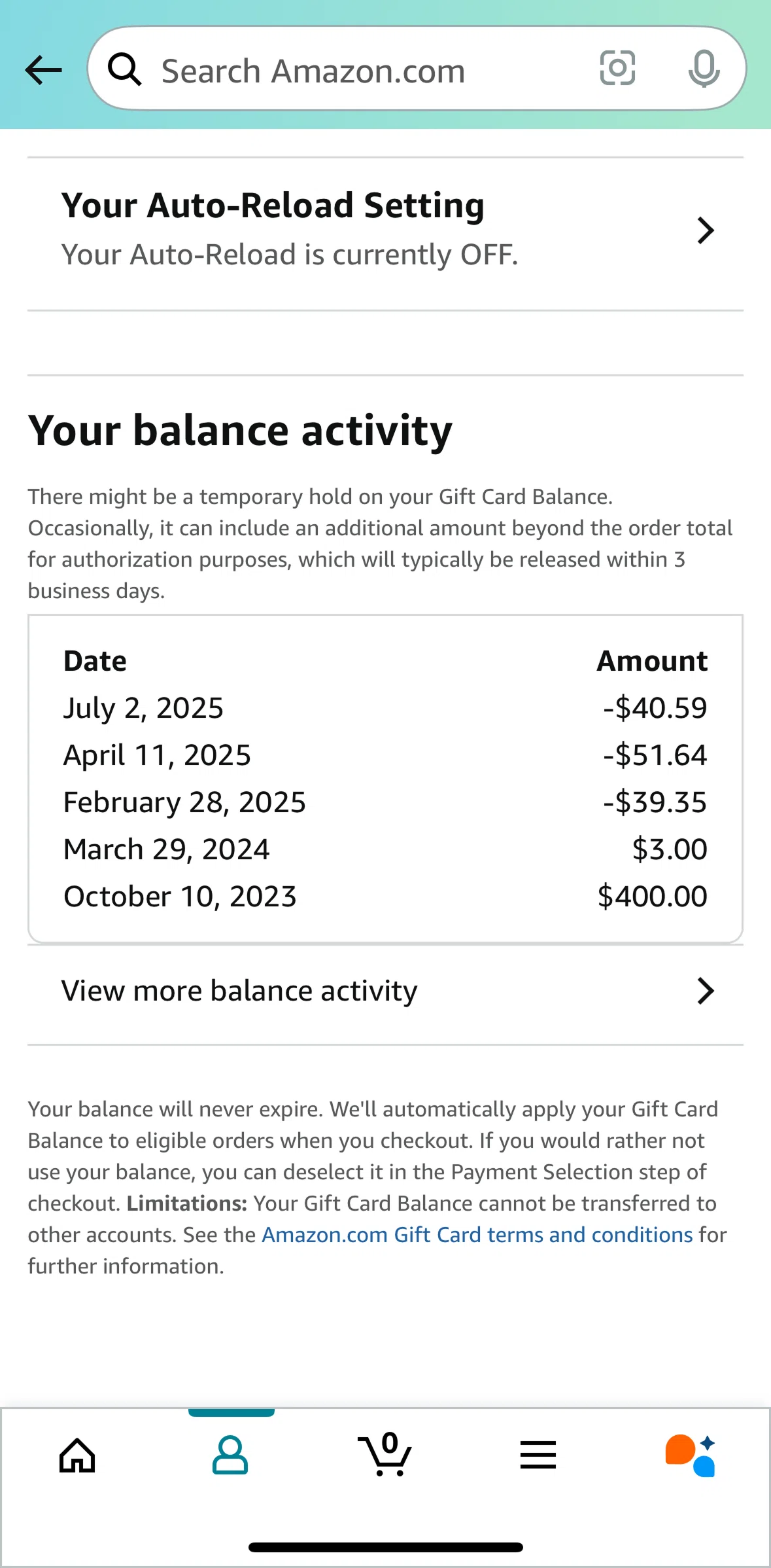 Amazon Shopping Screen screen in the Gift card activity flow