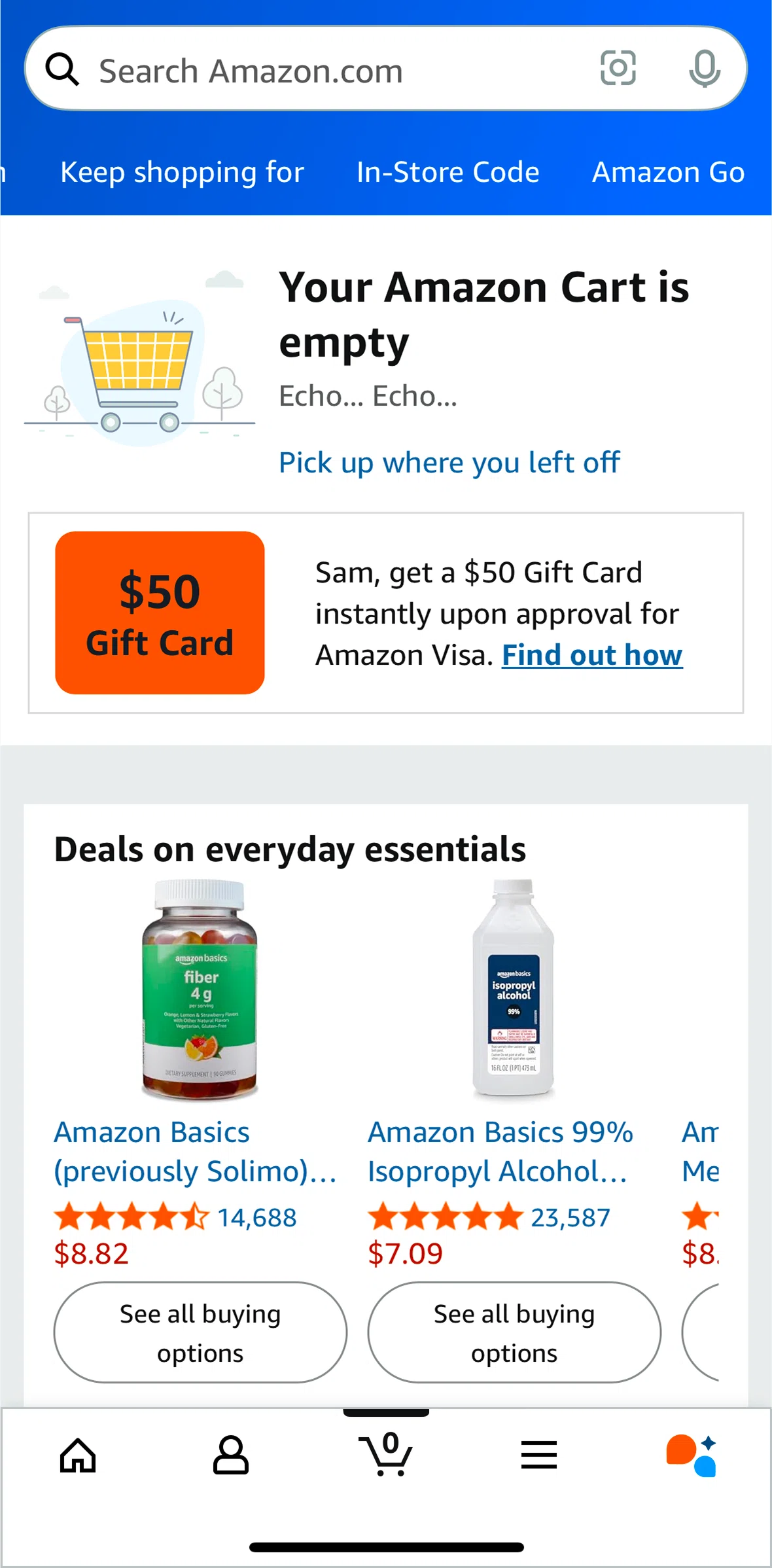 Amazon Shopping Screen screen in the In-store code flow