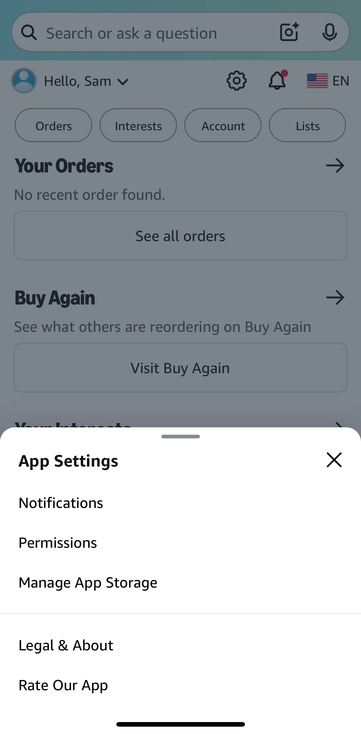 Amazon Shopping Screen screen in the Legal and about flow