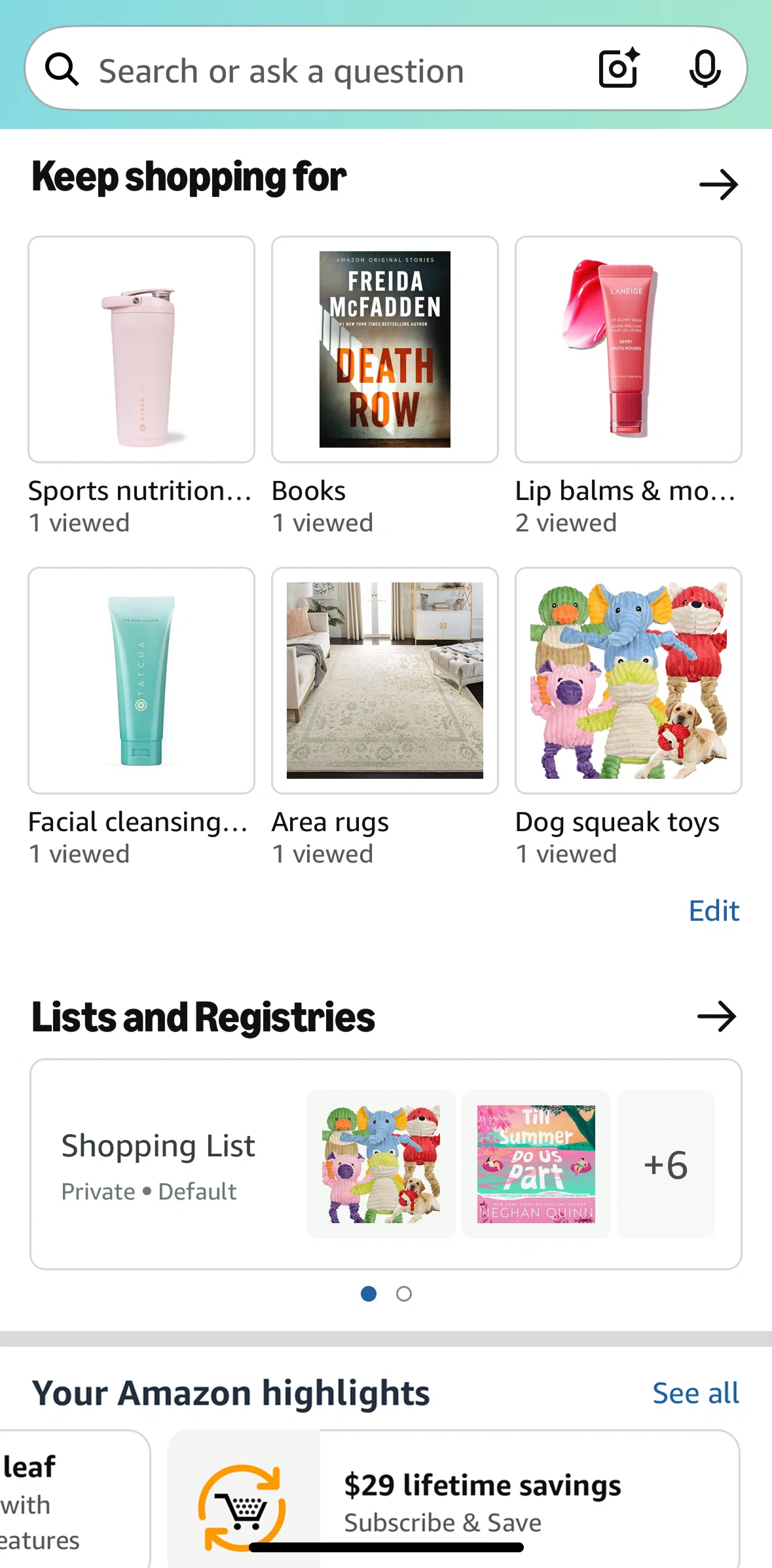 Amazon Shopping Screen screen in the Lists and registries flow