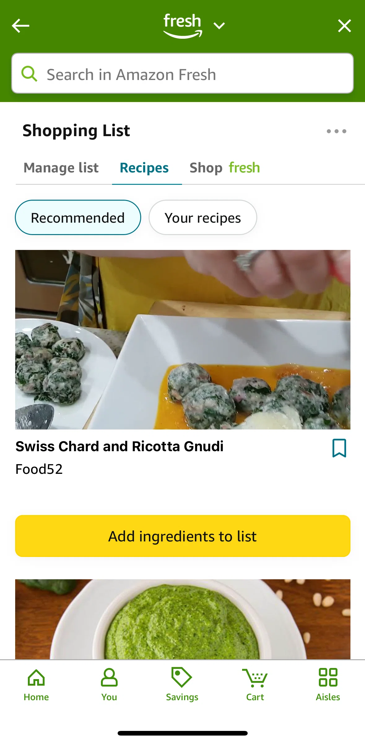 Amazon Shopping Screen screen in the Recipes (shopping list) flow