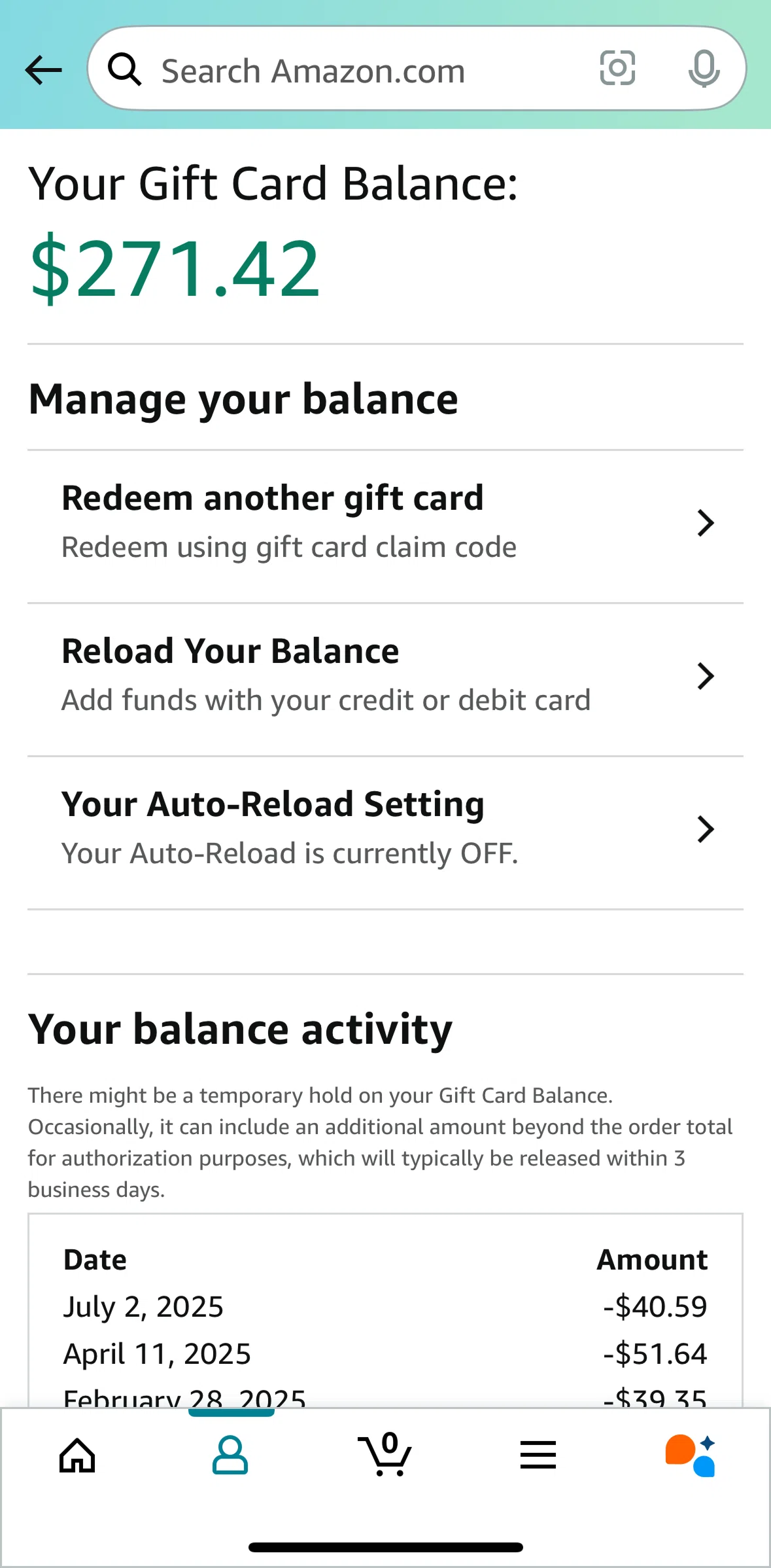 Amazon Shopping Screen screen in the Redeem a gift card flow