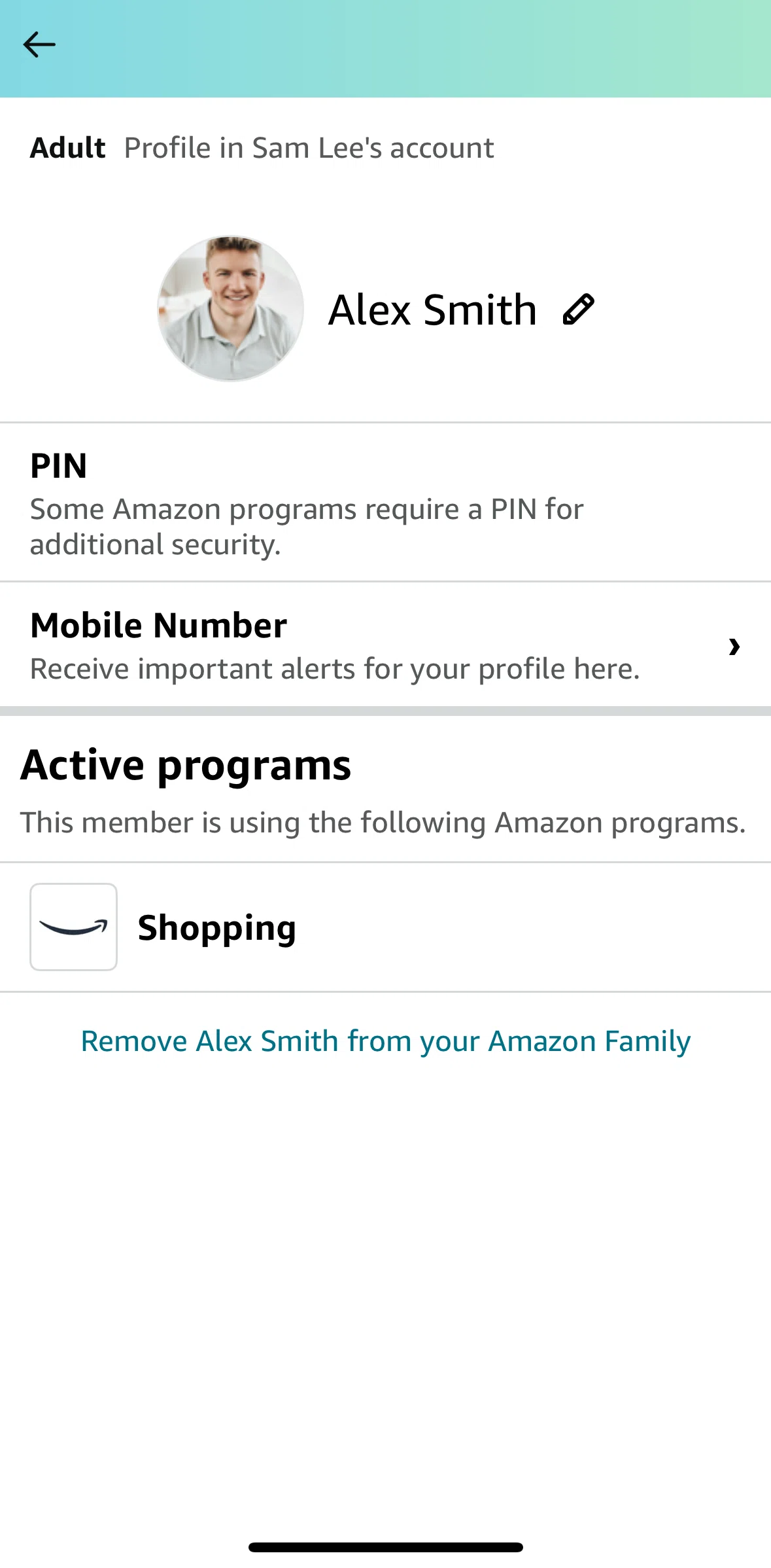 Amazon Shopping Screen screen in the Removing a family member flow
