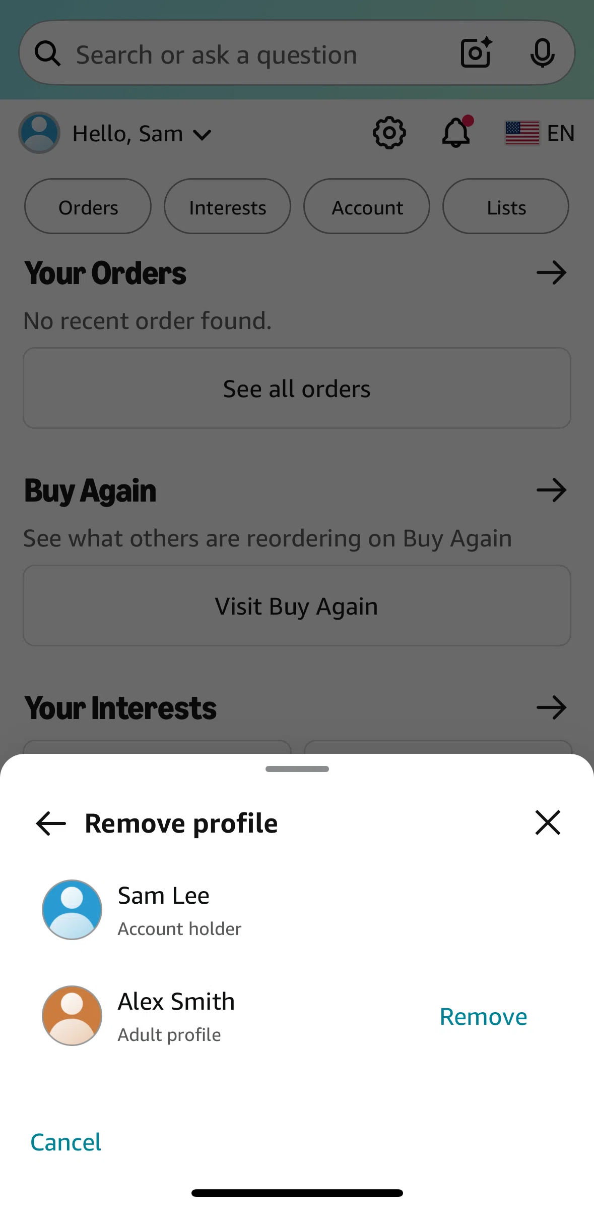Amazon Shopping Screen screen in the Removing a profile flow