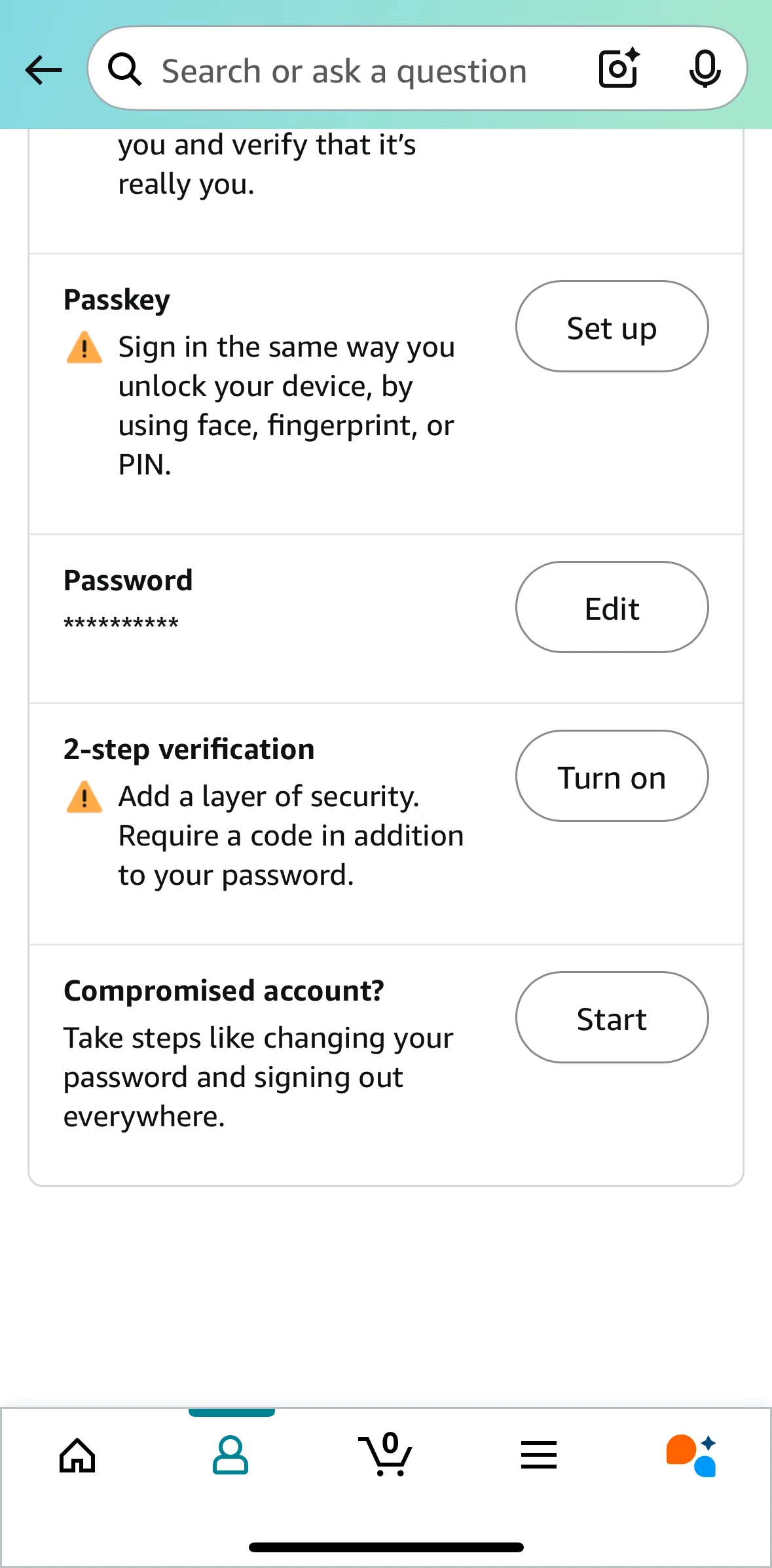 Amazon Shopping Screen screen in the Secure account flow