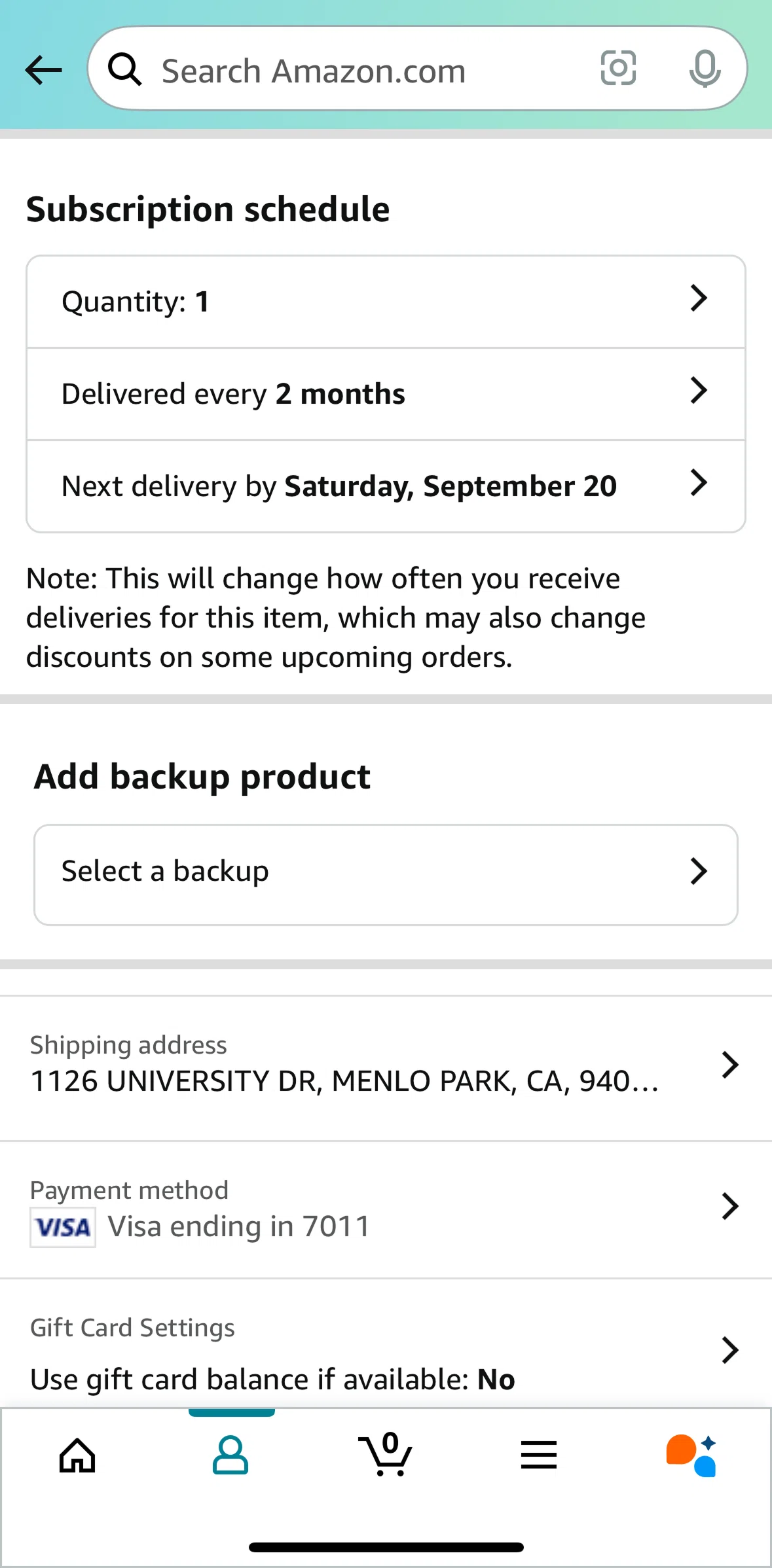 Amazon Shopping Screen screen in the Selecting a backup product flow