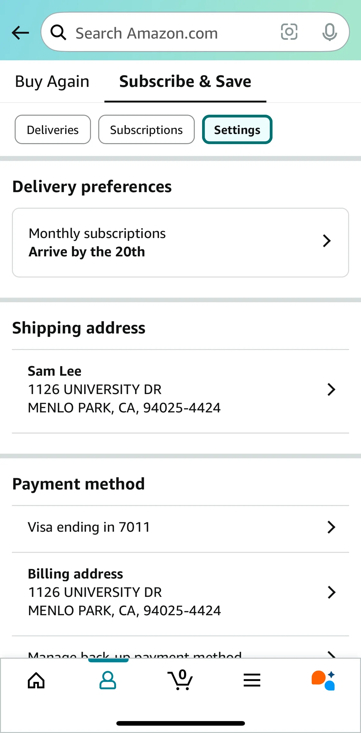 Amazon Shopping Screen screen in the Settings flow