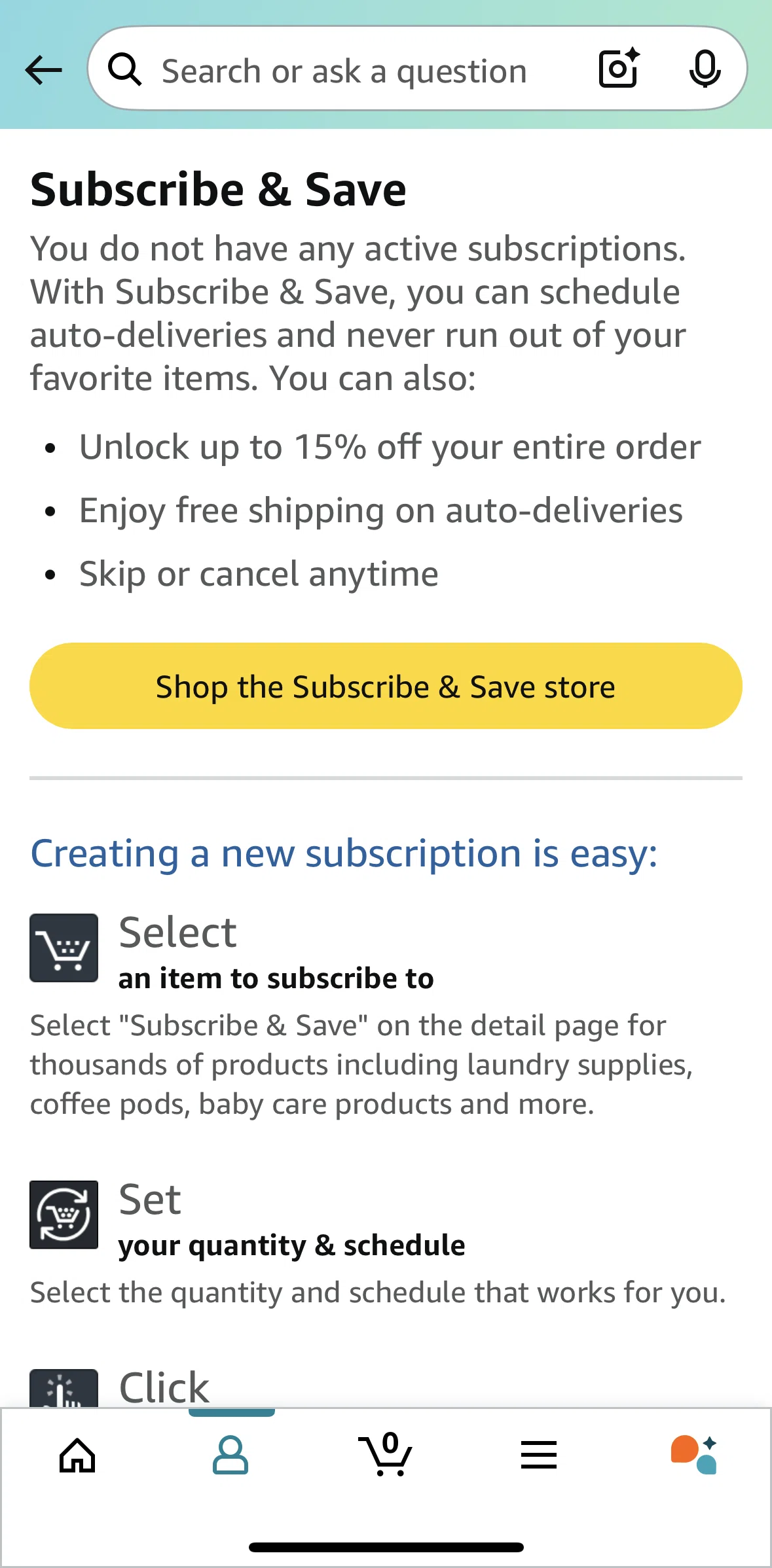 Amazon Shopping Screen screen in the Subscribe and save flow