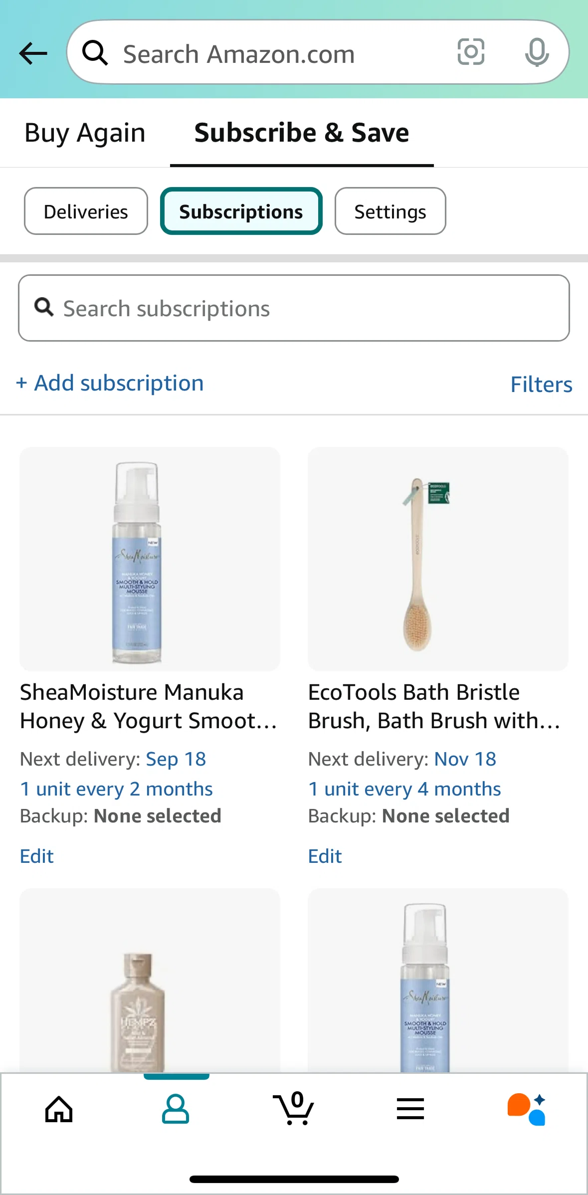 Amazon Shopping Screen screen in the Subscriptions flow