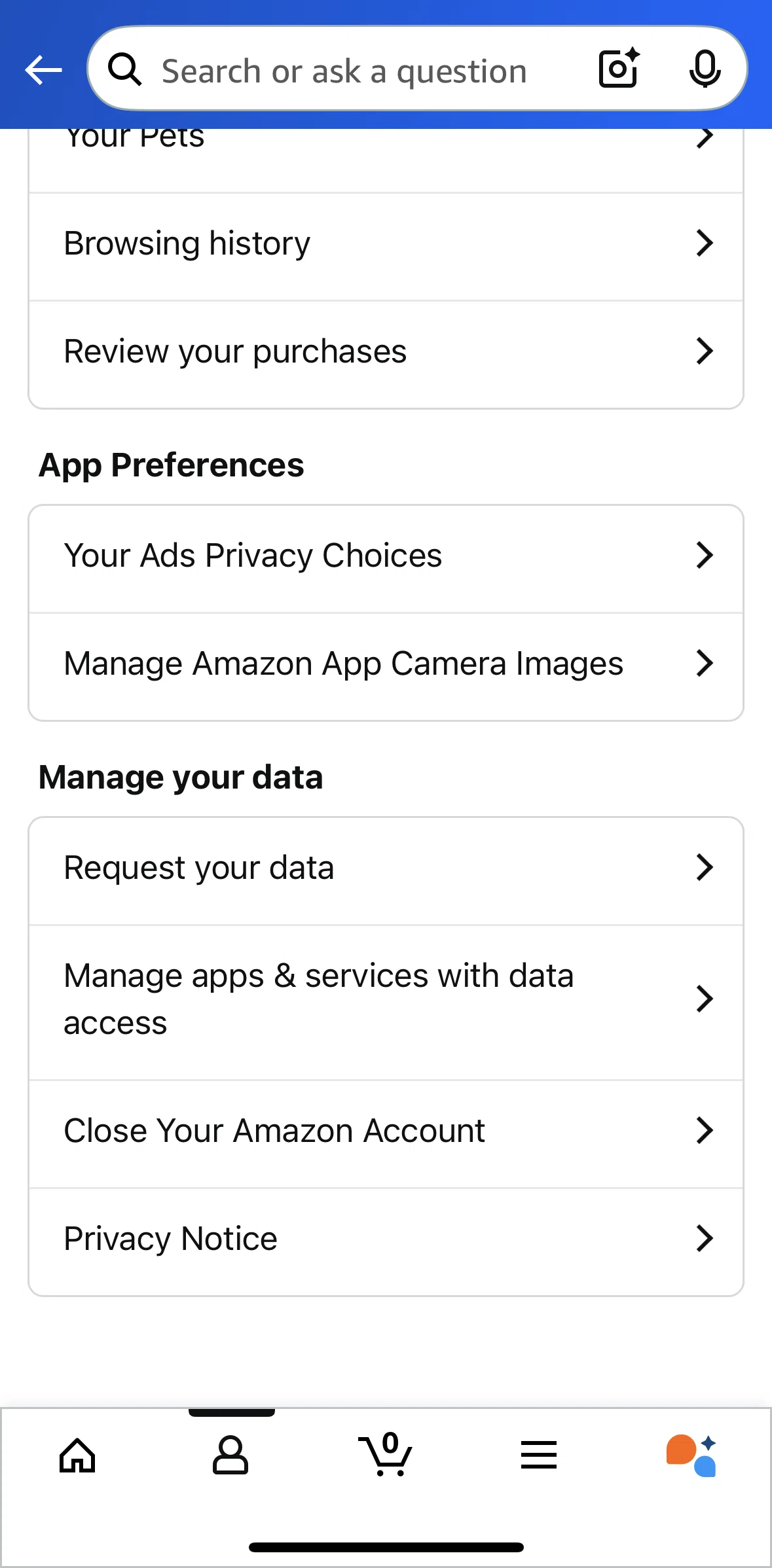 Amazon Shopping Screen screen in the Updating ads preferences flow