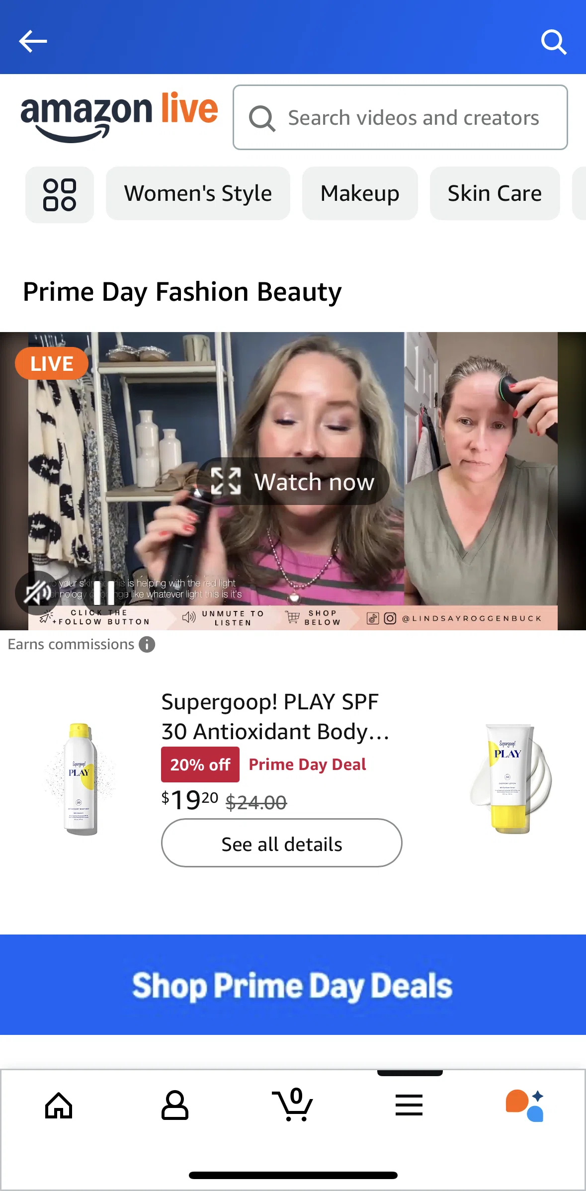 Amazon Shopping Screen screen in the Watching a live flow
