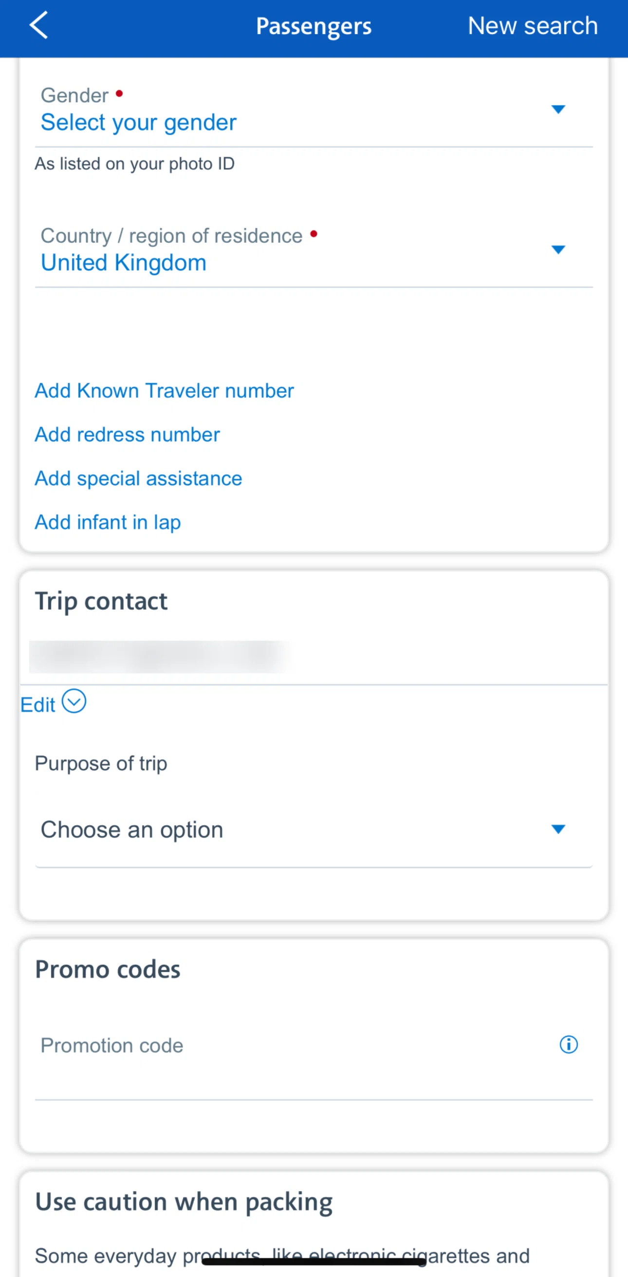 American Airlines Screen screen in the Add a special assistance flow