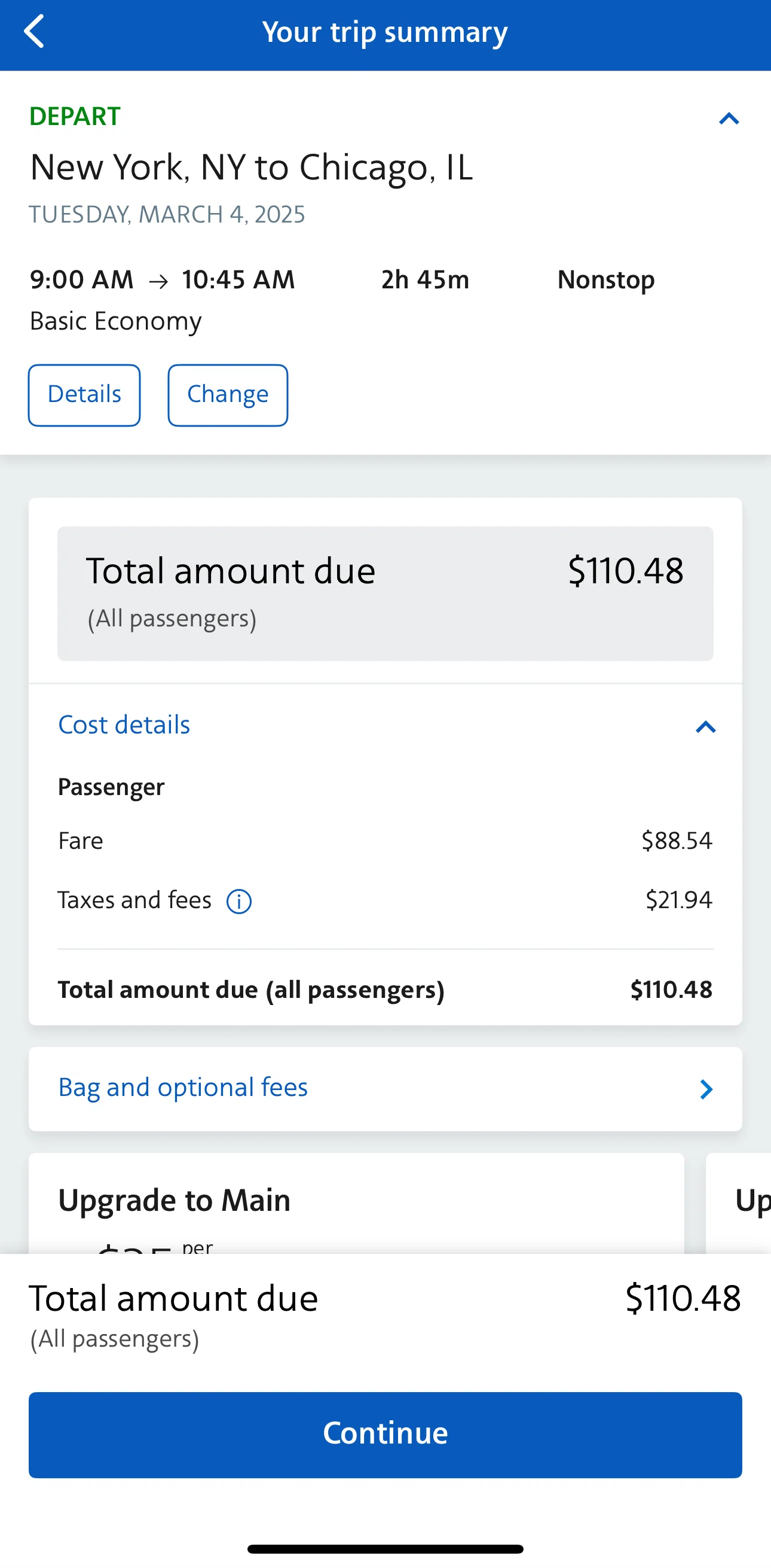 American Airlines Screen screen in the Bag and optional fees flow