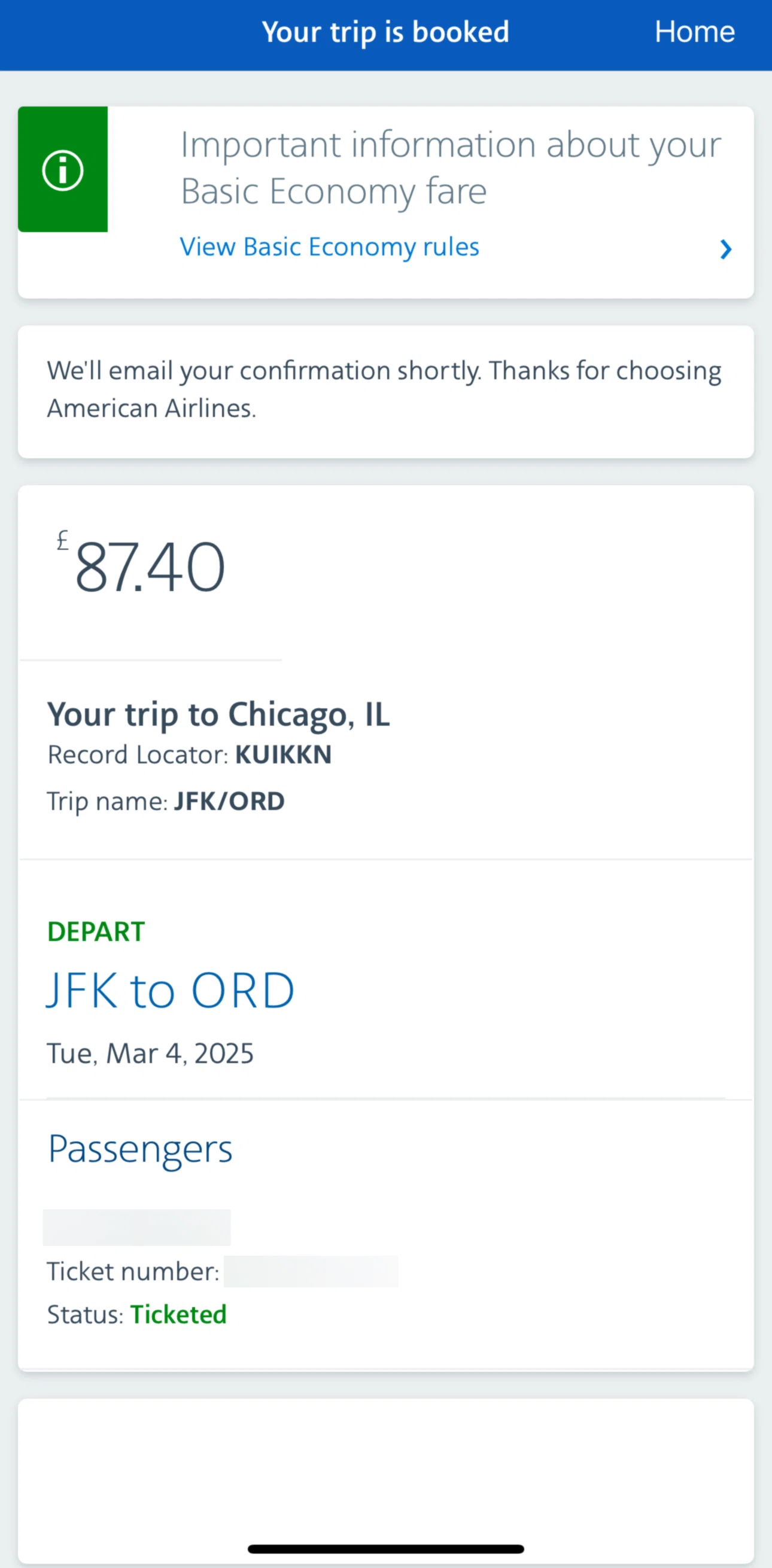 American Airlines Screen screen in the Basic Economy rules flow