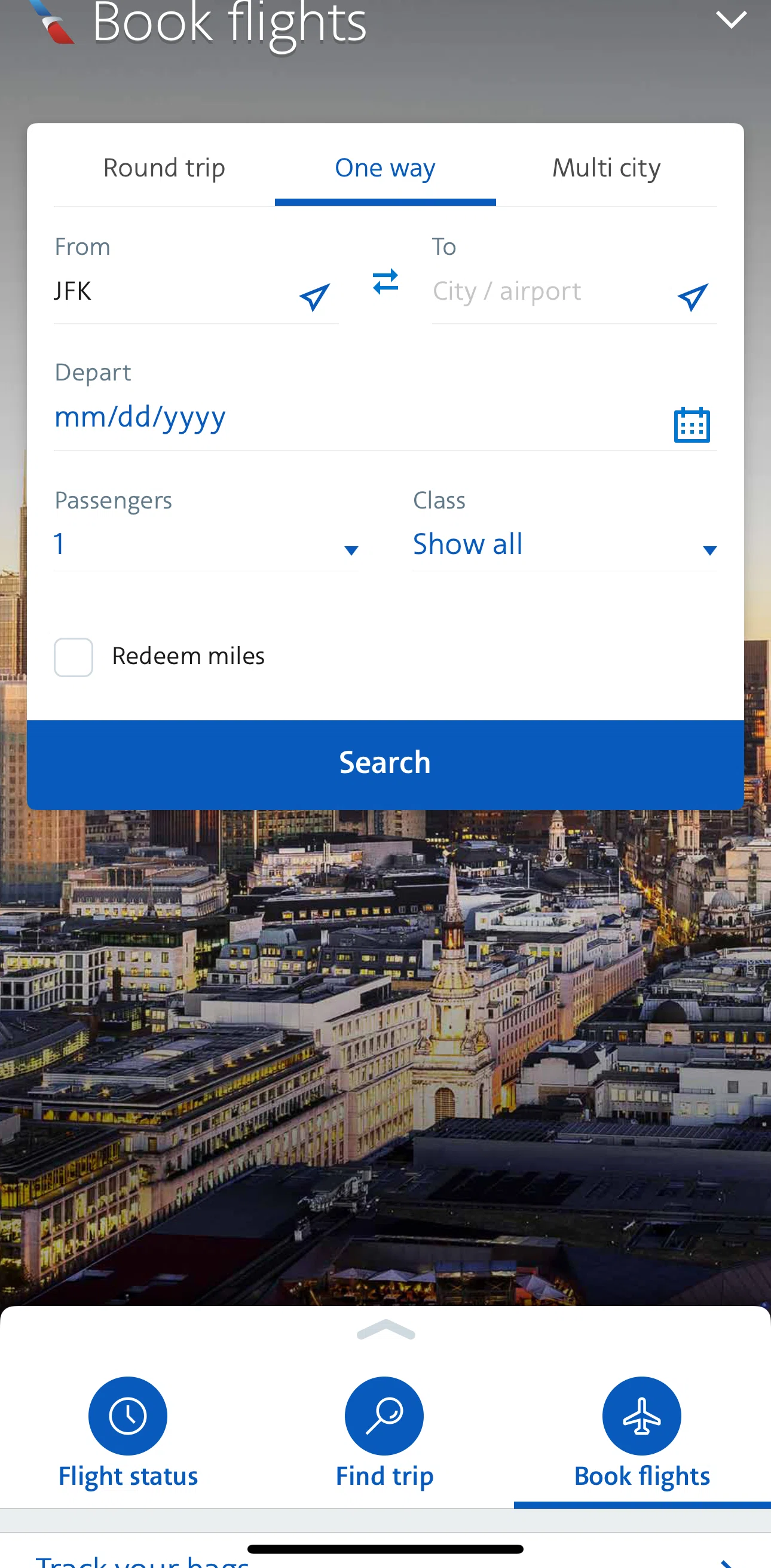 American Airlines Screen screen in the Booking a flight (redeem miles) flow
