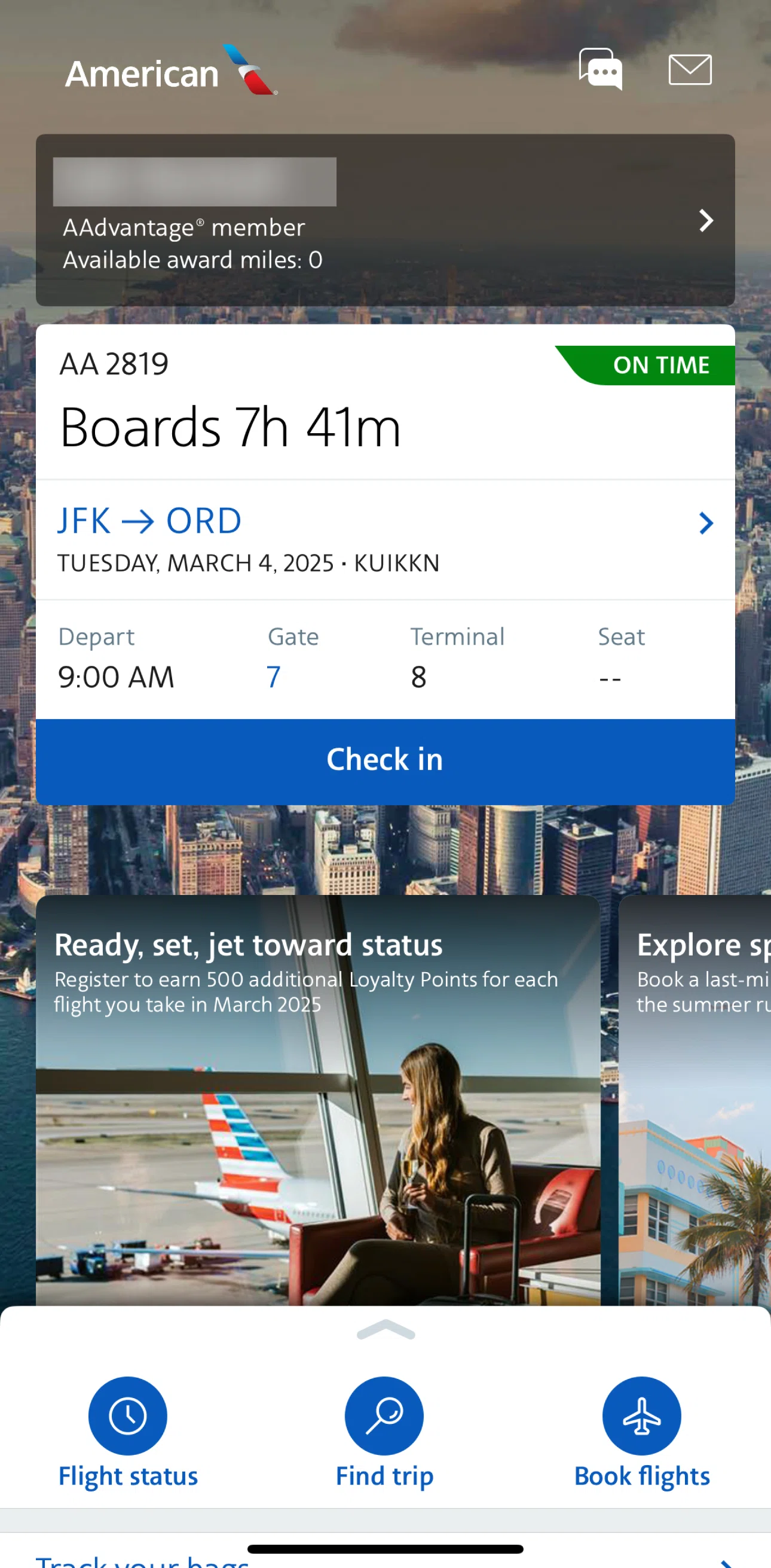 American Airlines Screen screen in the Checking in a flight flow