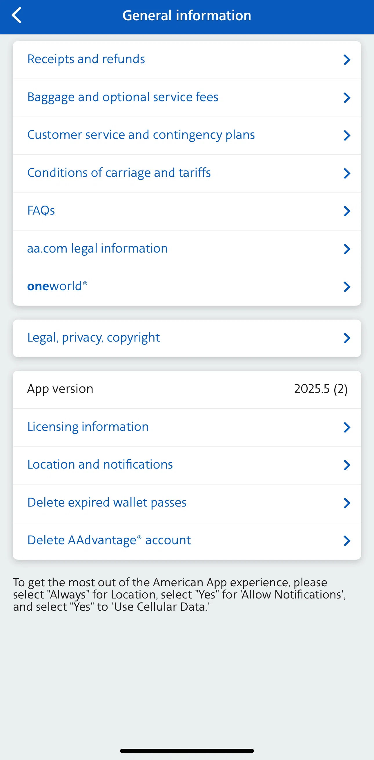 American Airlines Screen screen in the FAQs flow