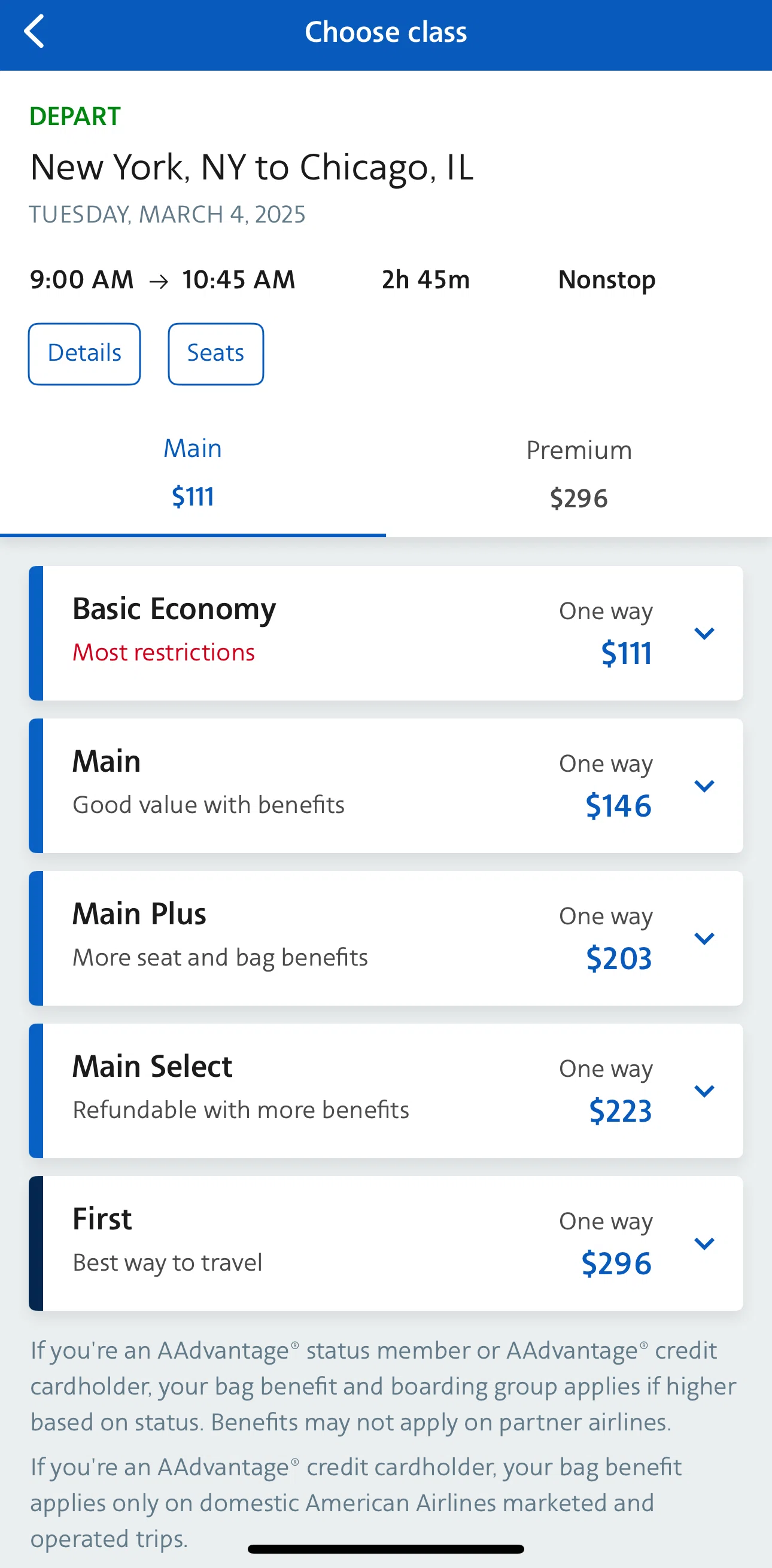 American Airlines Screen screen in the Flight details flow