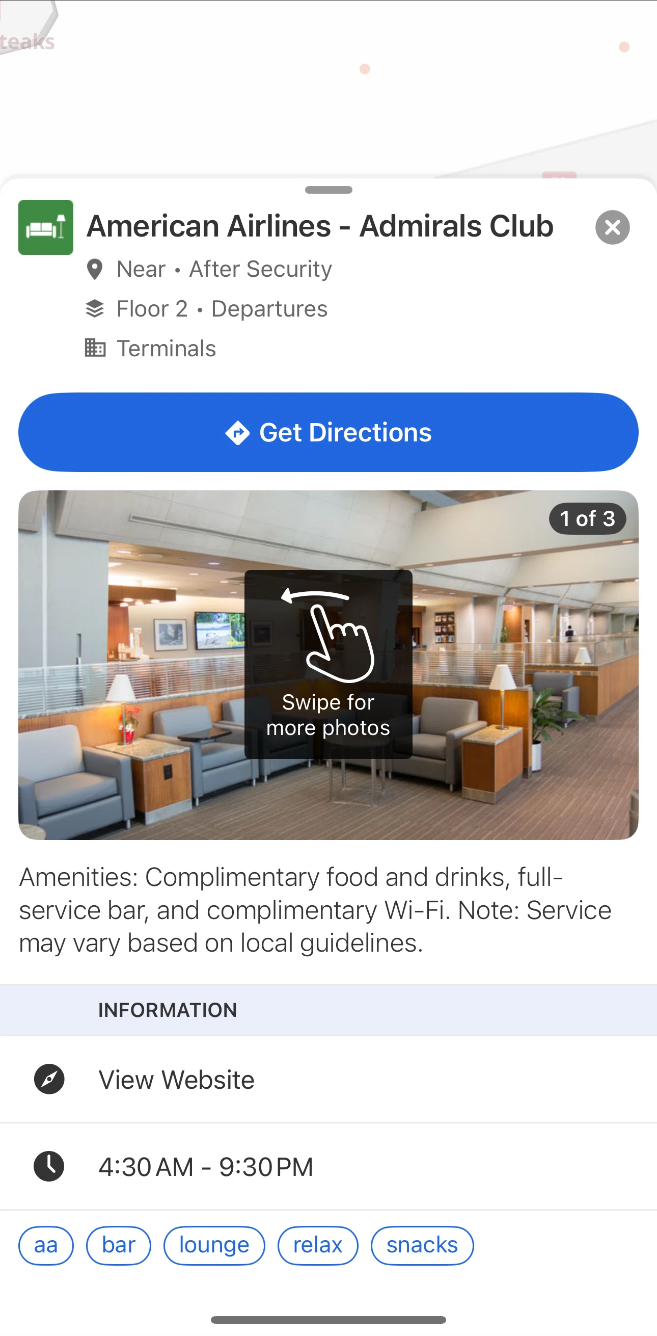 American Airlines Screen screen in the Getting directions flow