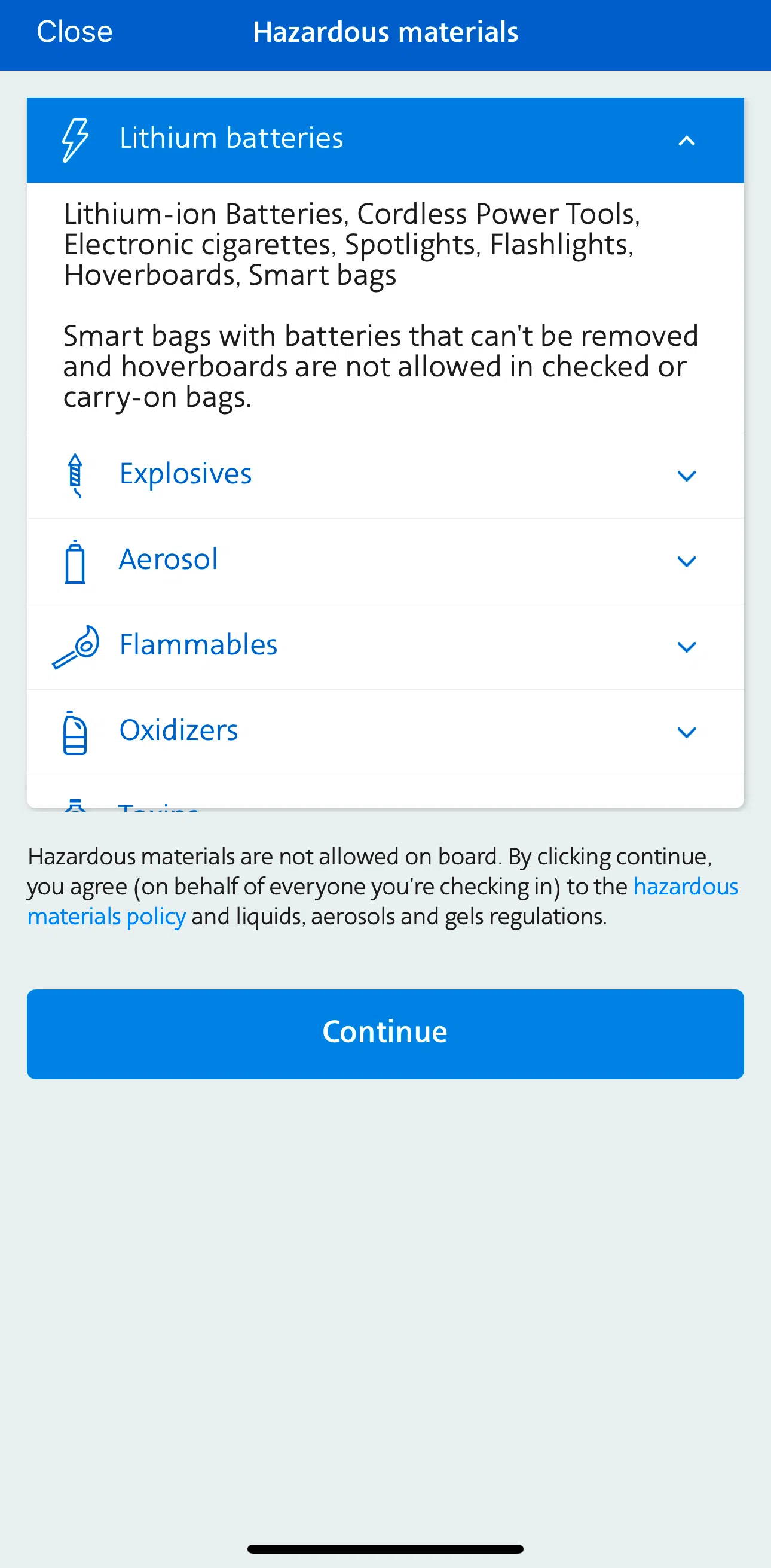 American Airlines Screen screen in the Hazardous materials policy flow