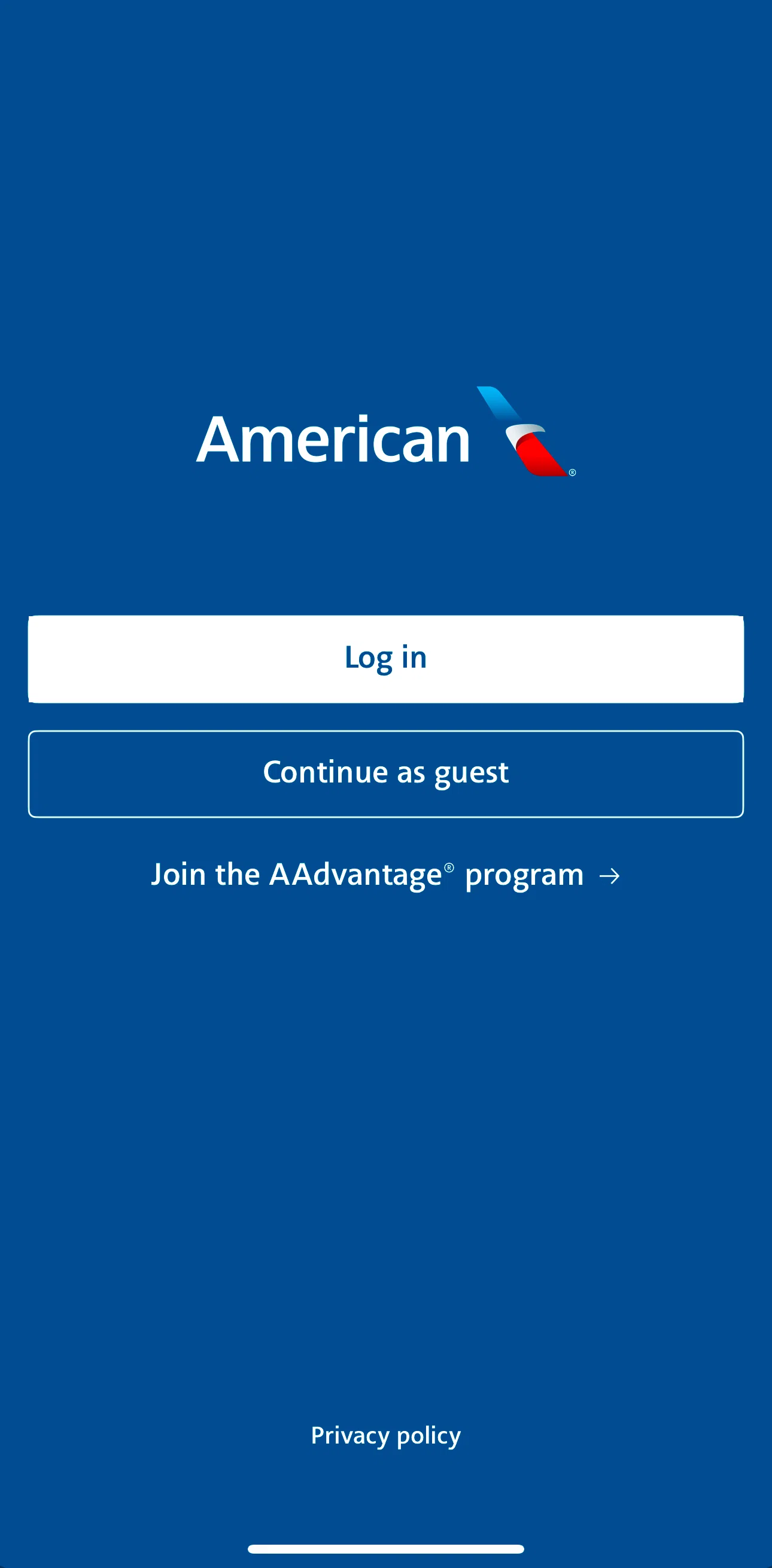American Airlines Screen screen in the Logging in flow
