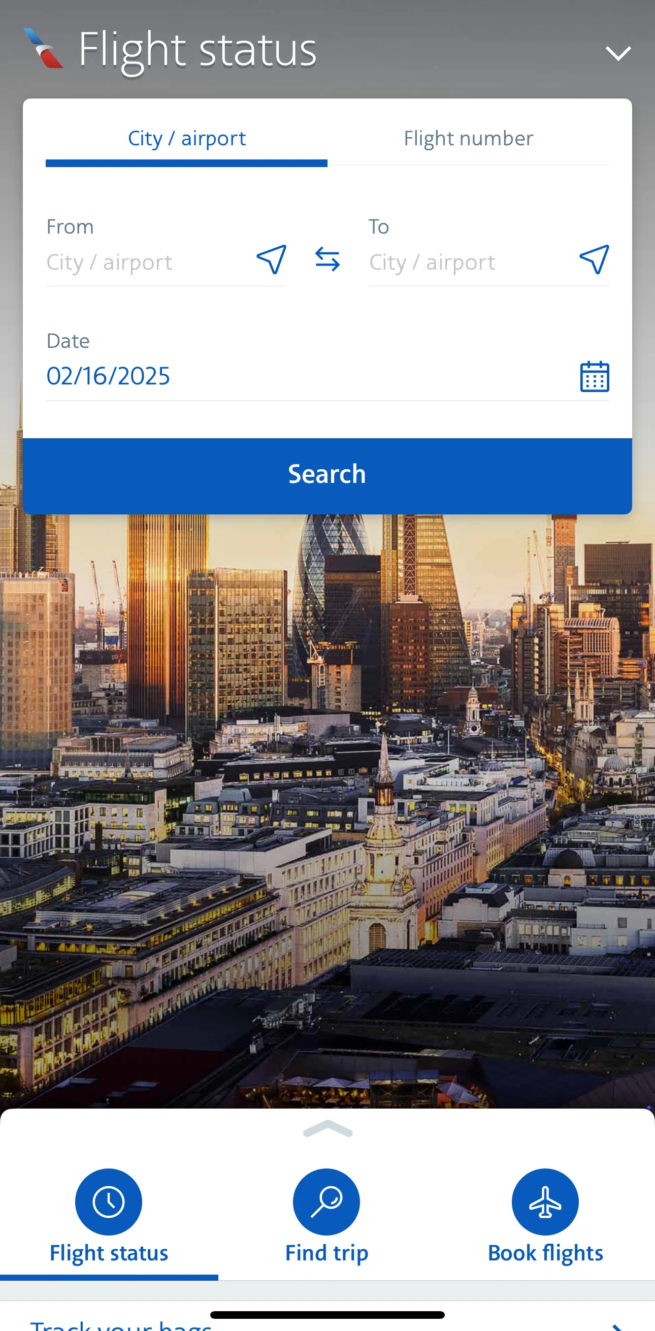 American Airlines Screen screen in the Searching a flight status (city) flow