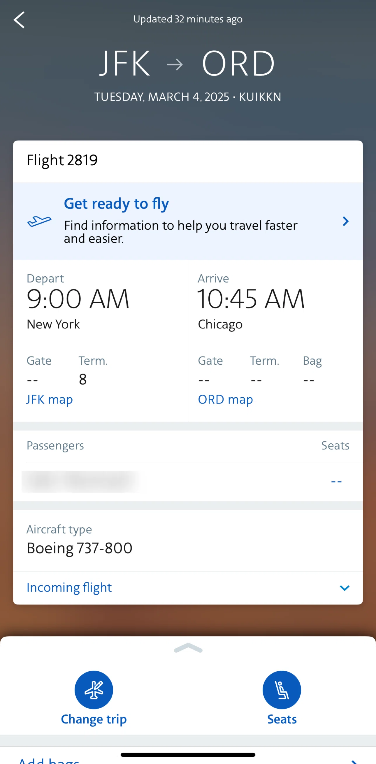 American Airlines Screen screen in the Trip options flow