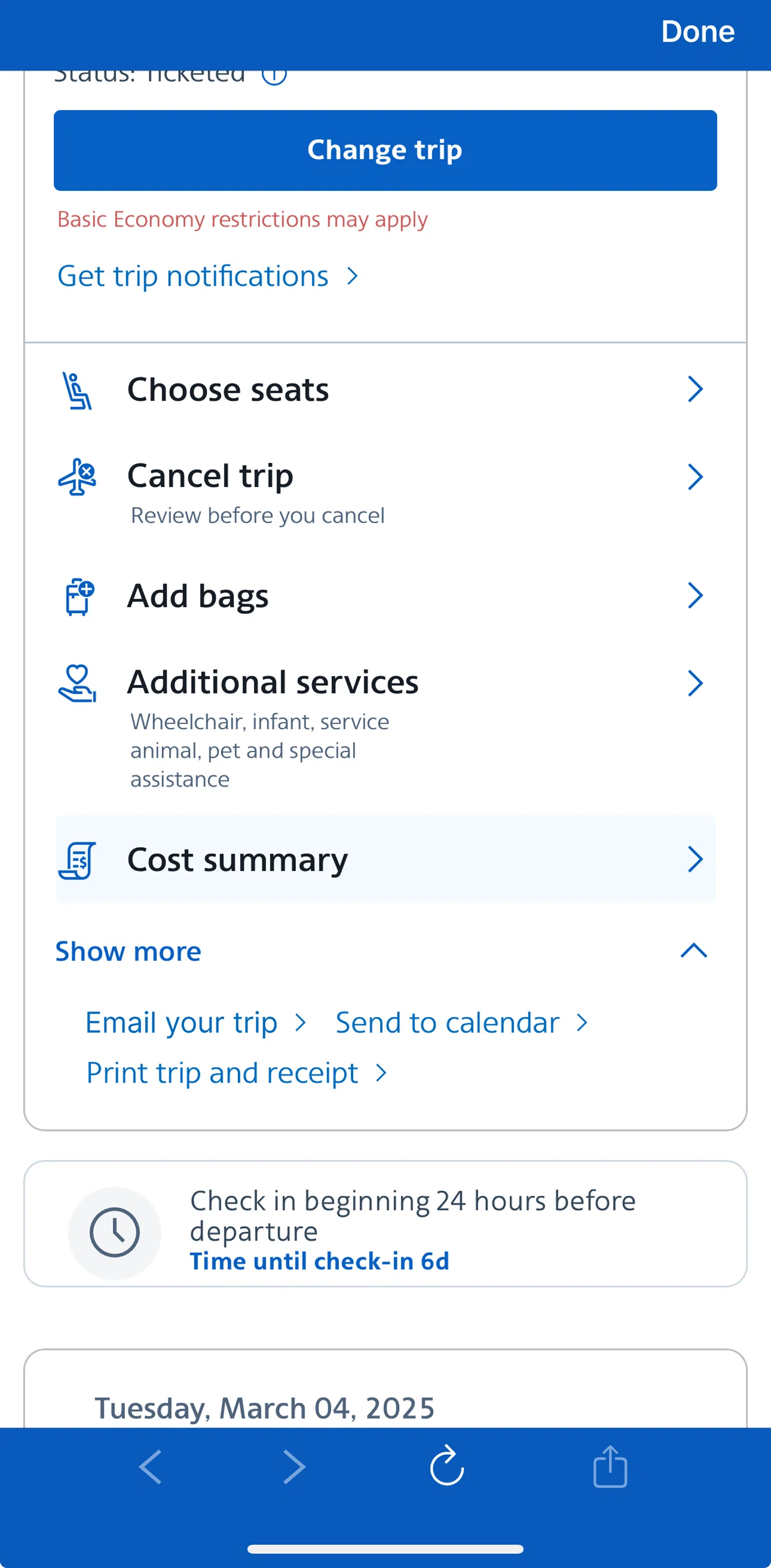 American Airlines Screen screen in the Trip receipt flow