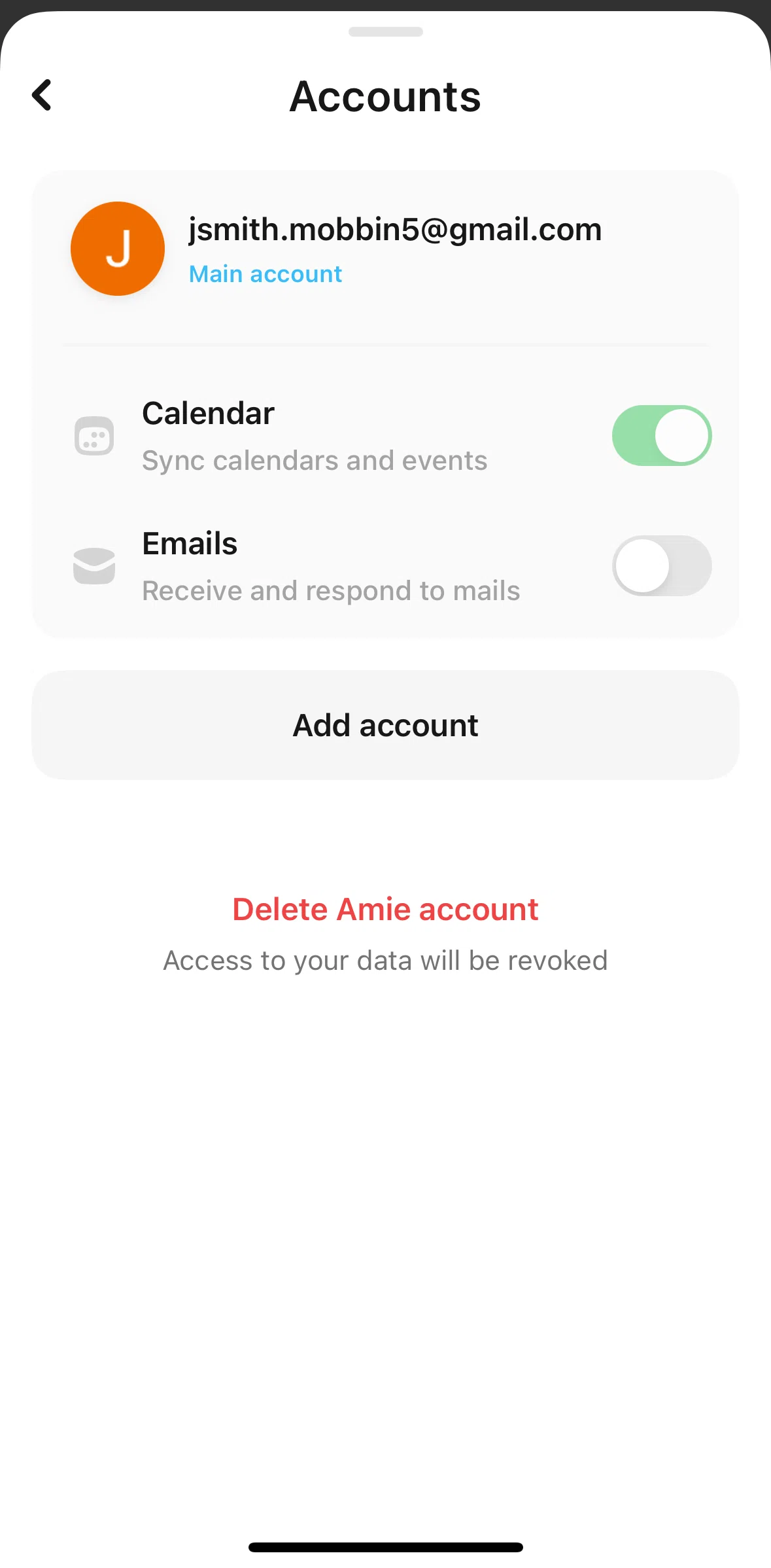 Amie Screen screen in the Adding an account flow