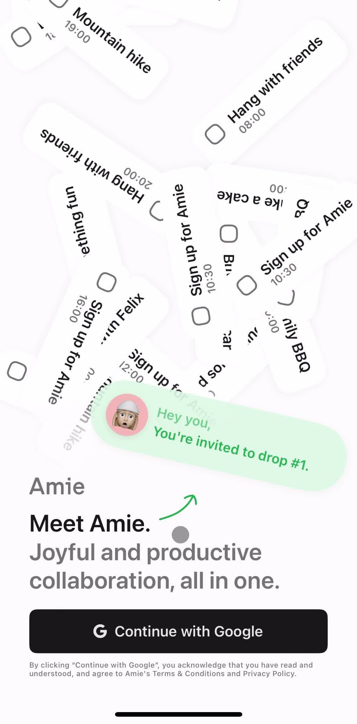 Amie Get started screen in the Logging In flow