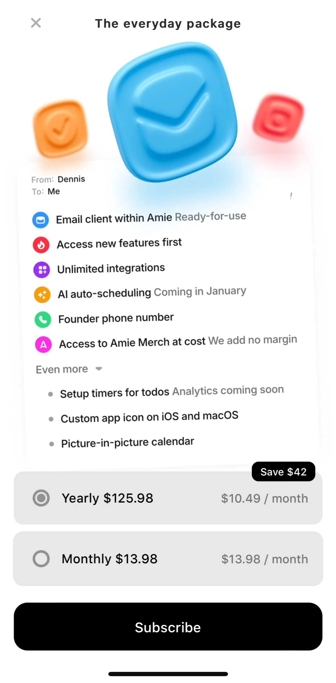 Amie Screen screen in the Subscribing to premium flow