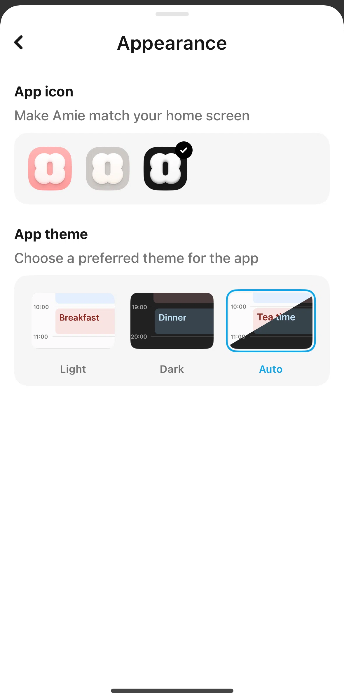 Amie Screen screen in the Switching to dark mode flow