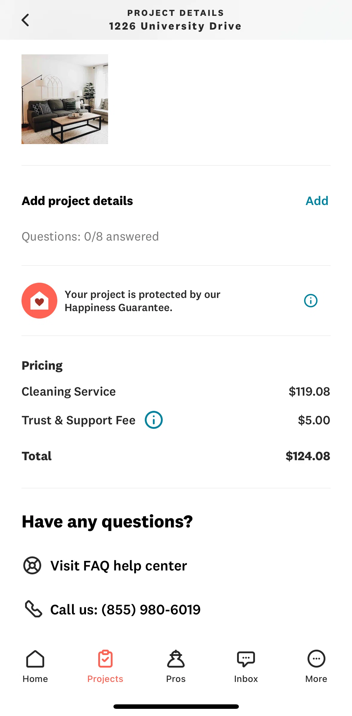 Angi Screen screen in the Adding project details flow