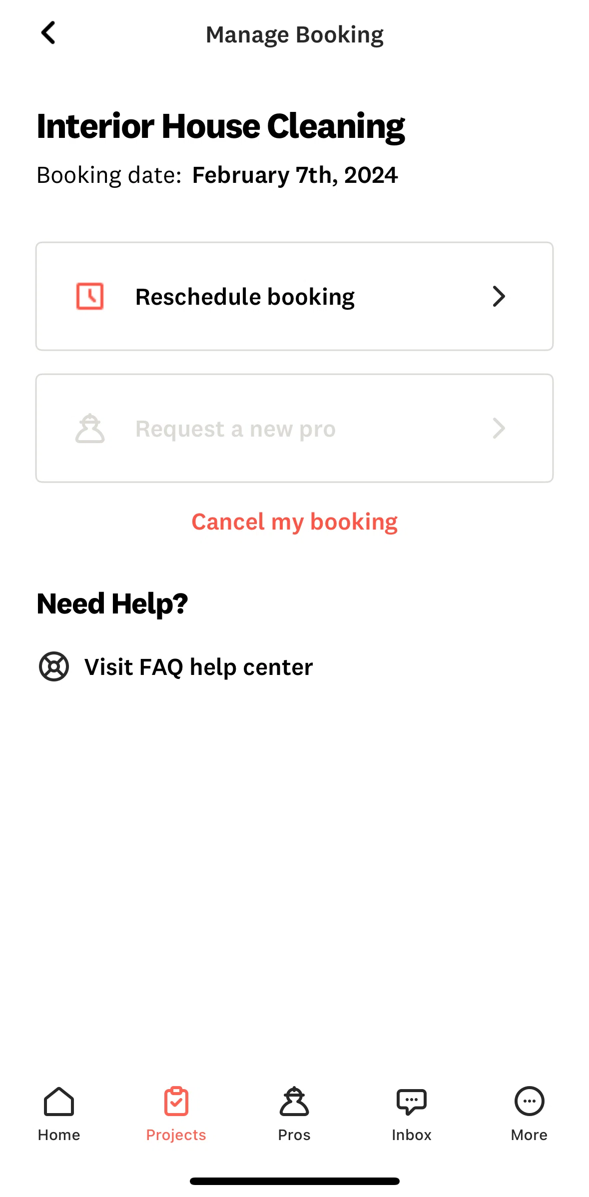 Angi Screen screen in the Canceling a booking flow