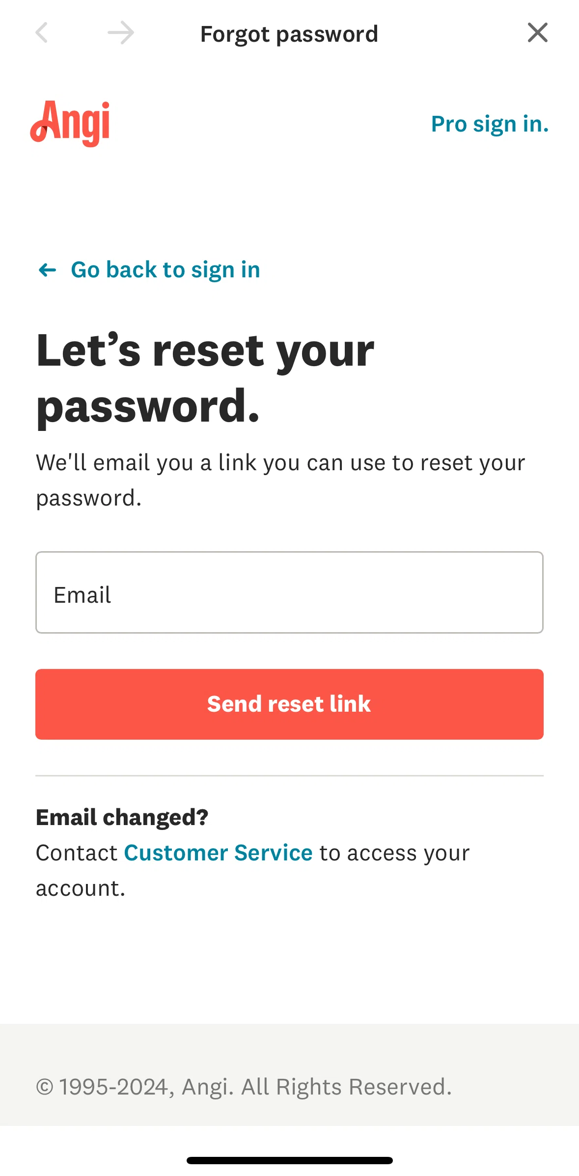 Angi Screen screen in the Forgot password flow