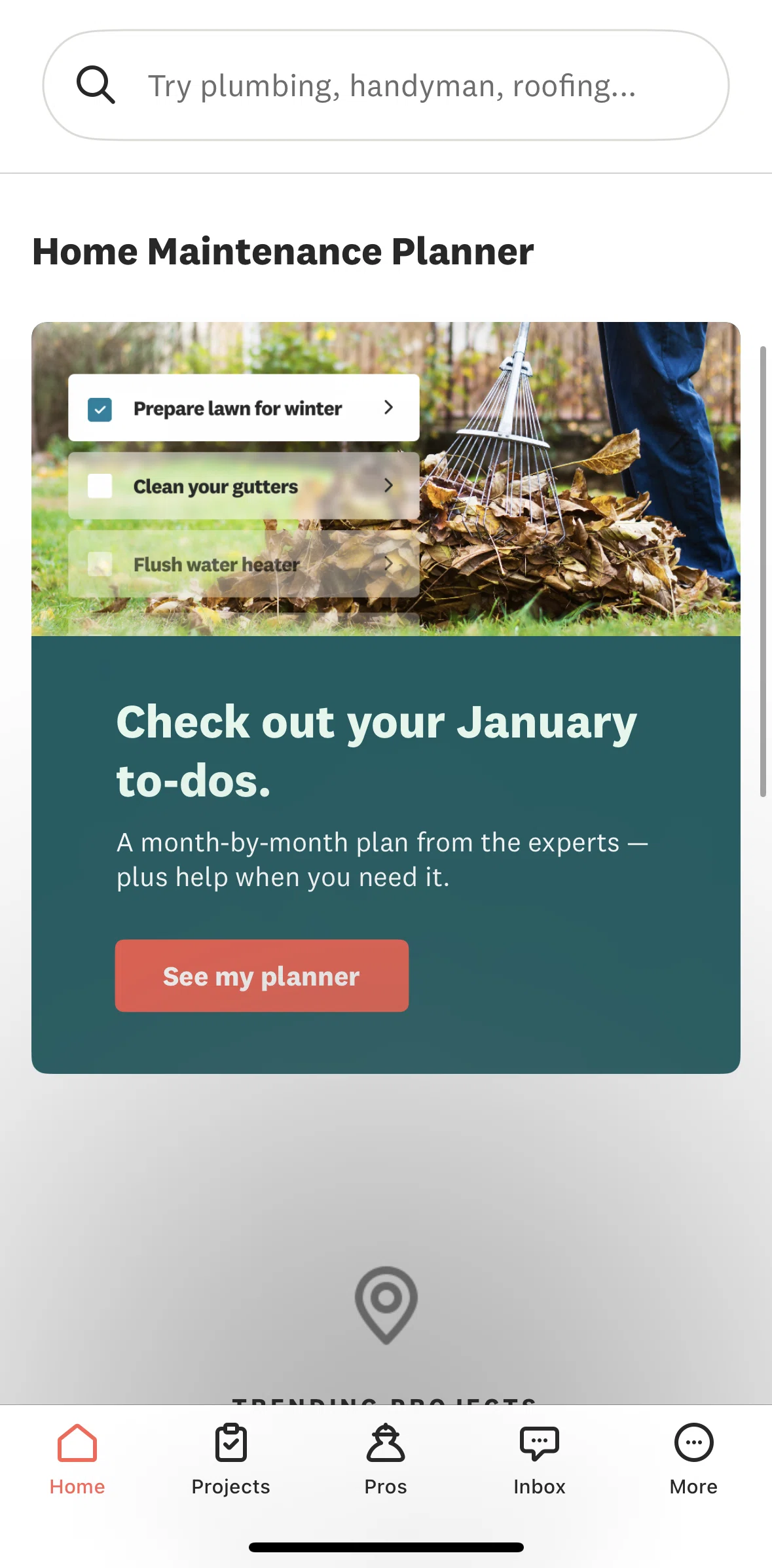 Angi Screen screen in the Home maintenance planner flow