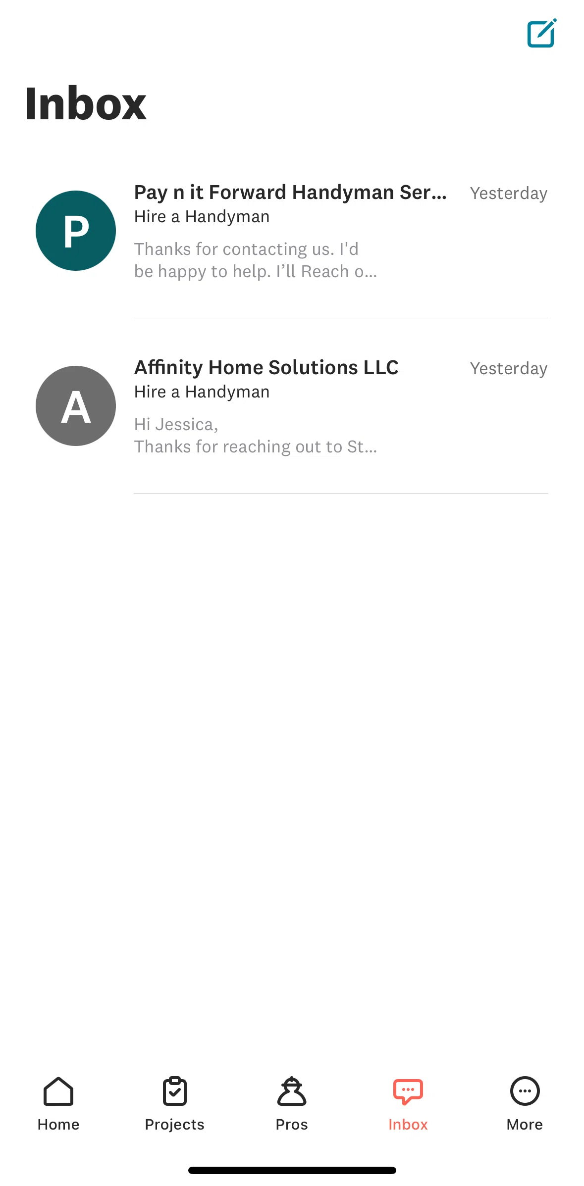 Angi Screen screen in the Messaging a pro flow